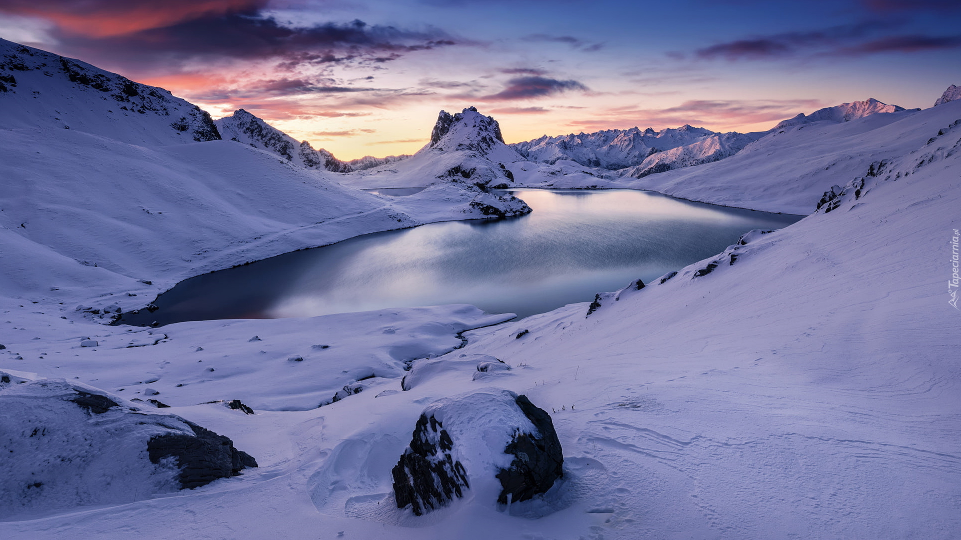 Zima, Jezioro, Lac de Roburent, Góry, Alpy, Park Narodowy Mercantour, Francja