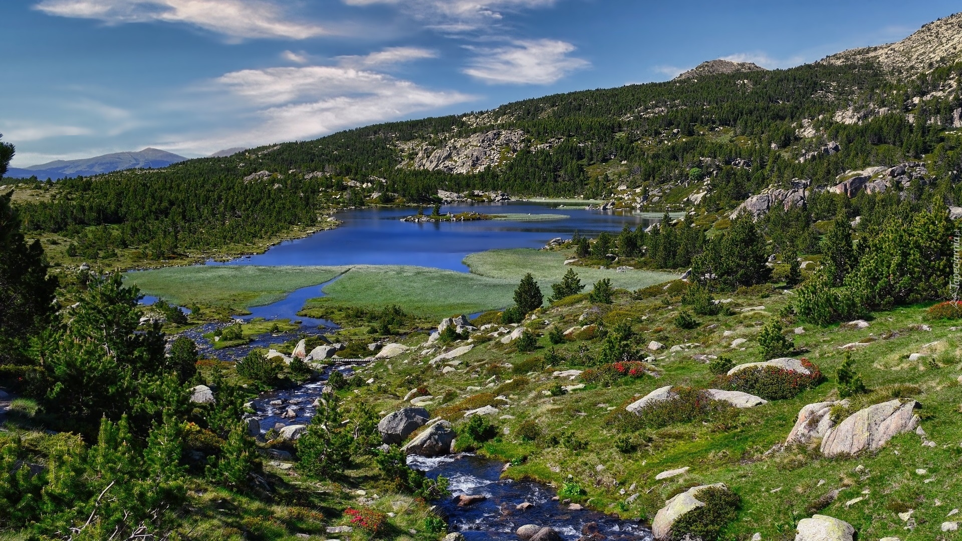 Góry, Pireneje, Jezioro, Lac des Bouillouses, Rzeka, Kamienie, Drzewa, Francja