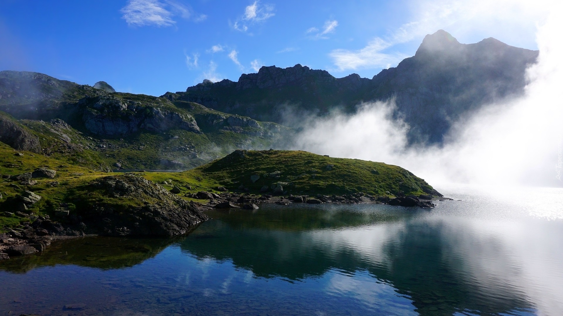 Góry, Pireneje, Jezioro, Lac du Miey, Mgła, Francja