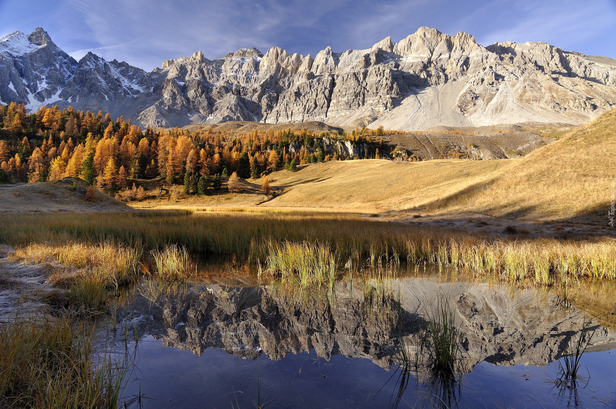 Góry, Jesienne, Drzewa, Jezioro, Lac Miroir, Ceillac, Queyras, Francja