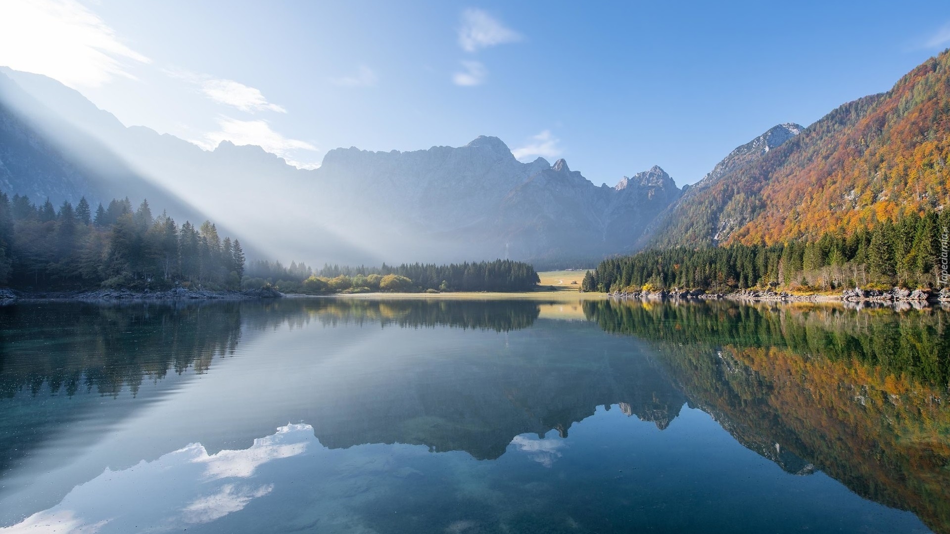 Góry, Alpy Julijskie, Jezioro, Fusine Lake, Drzewa, Odbicie, Włochy