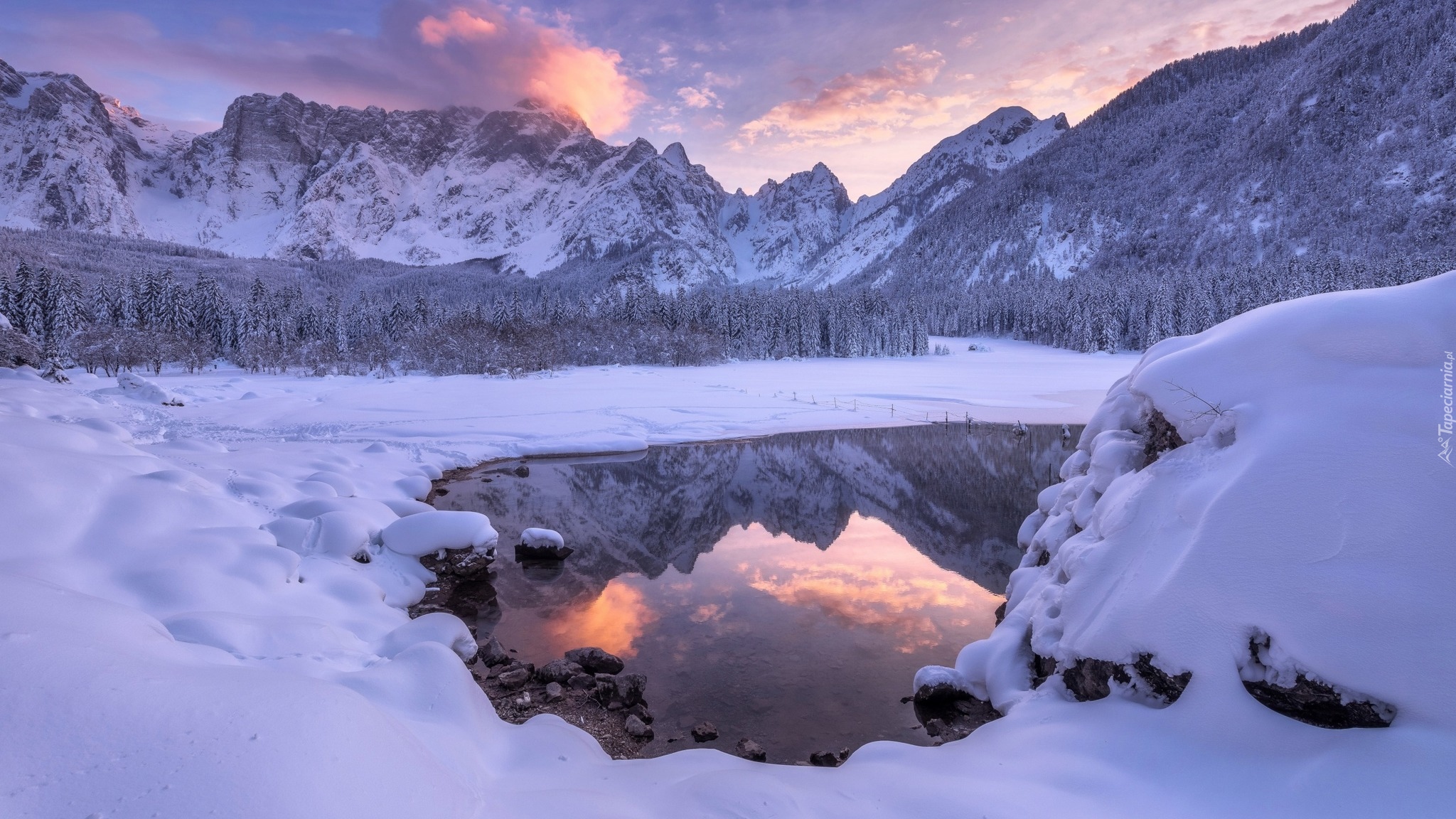 Włochy, Prowincja Udine, Alpy Julijskie, Jezioro Laghi di Fusine, Góry, Jezioro, Zima