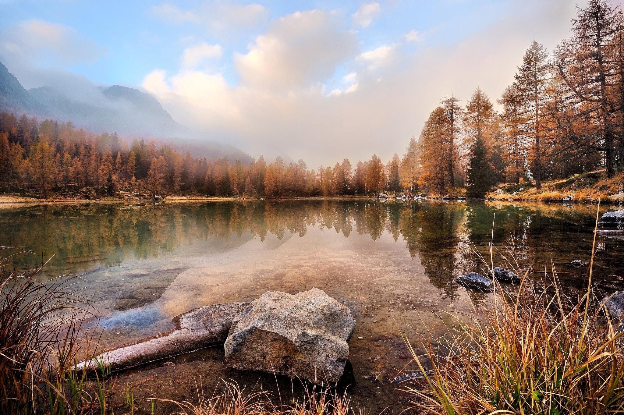 Jezioro Lago di San Pellegrino, Dolina Vall di Fassa, Kamienie, Szuwary, Góry Dolomity, Drzewa, Las, Chmury, Mgła, Trydent-Górna Adyga, Włochy