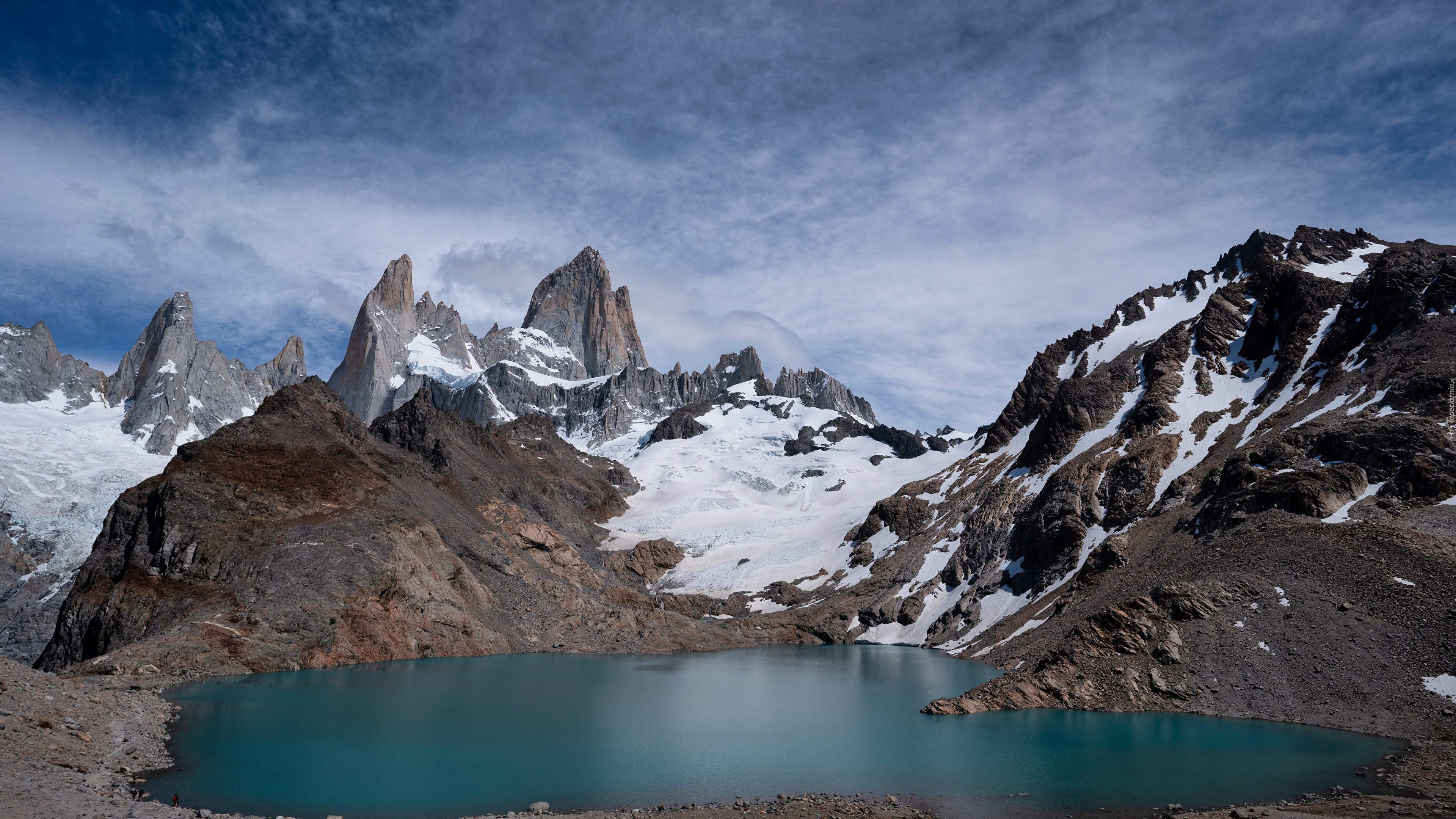 Argentyna, Patagonia, Góry, Śnieg, Jezioro, Lagoon de los Tres, Niebo