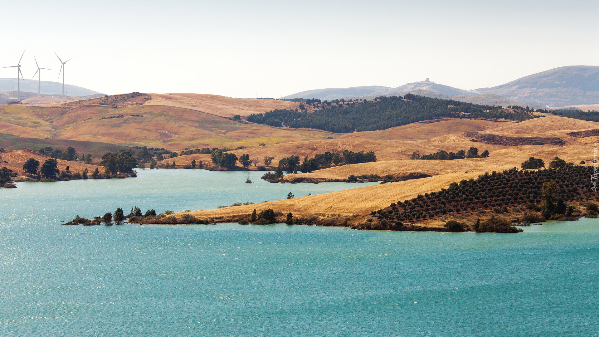 Jezioro, Lake Embalse del Guadalhorce, Wzgórza, Pola, Wiatraki, Malaga, Andaluzja, Hiszpania