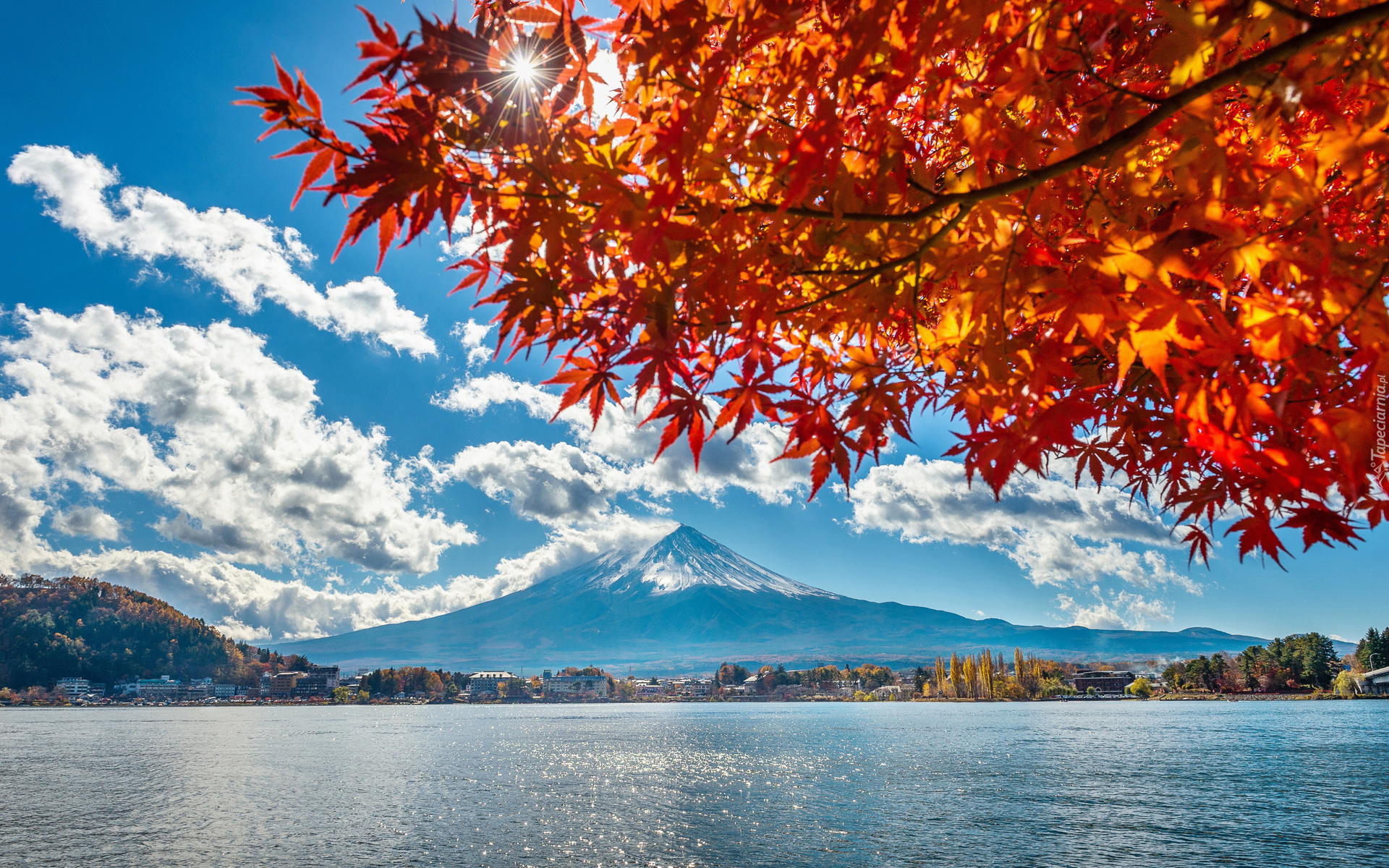 Stratowulkan, Góra Fudżi, Jezioro, Lake Kawaguchi, Gałęzie, Kolorowe, Liście, Chmury, Wyspa Honsiu, Japonia