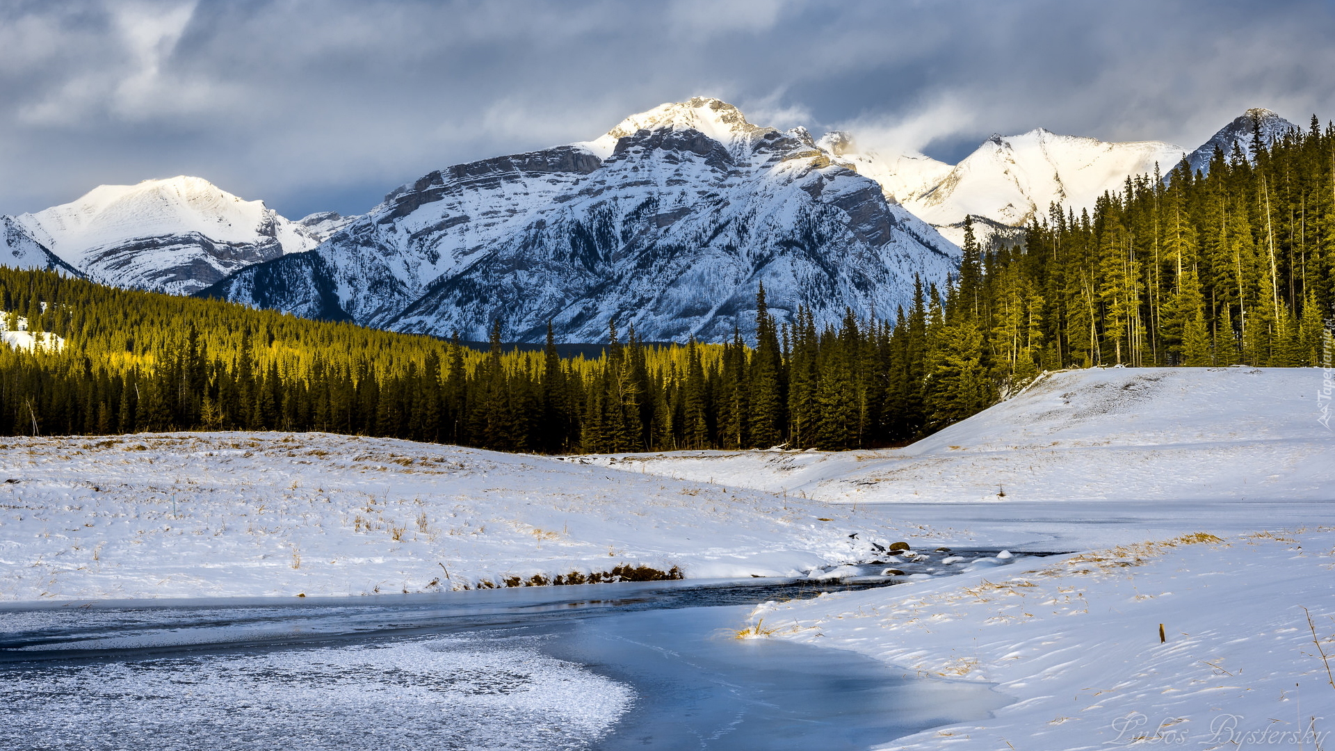 Park Narodowy Banff, Zima, Las, Drzewa, Jezioro, Lake Minnewanka, Góry, Palliser Range, Góra Mount Astley, Prowincja Alberta, Kanada