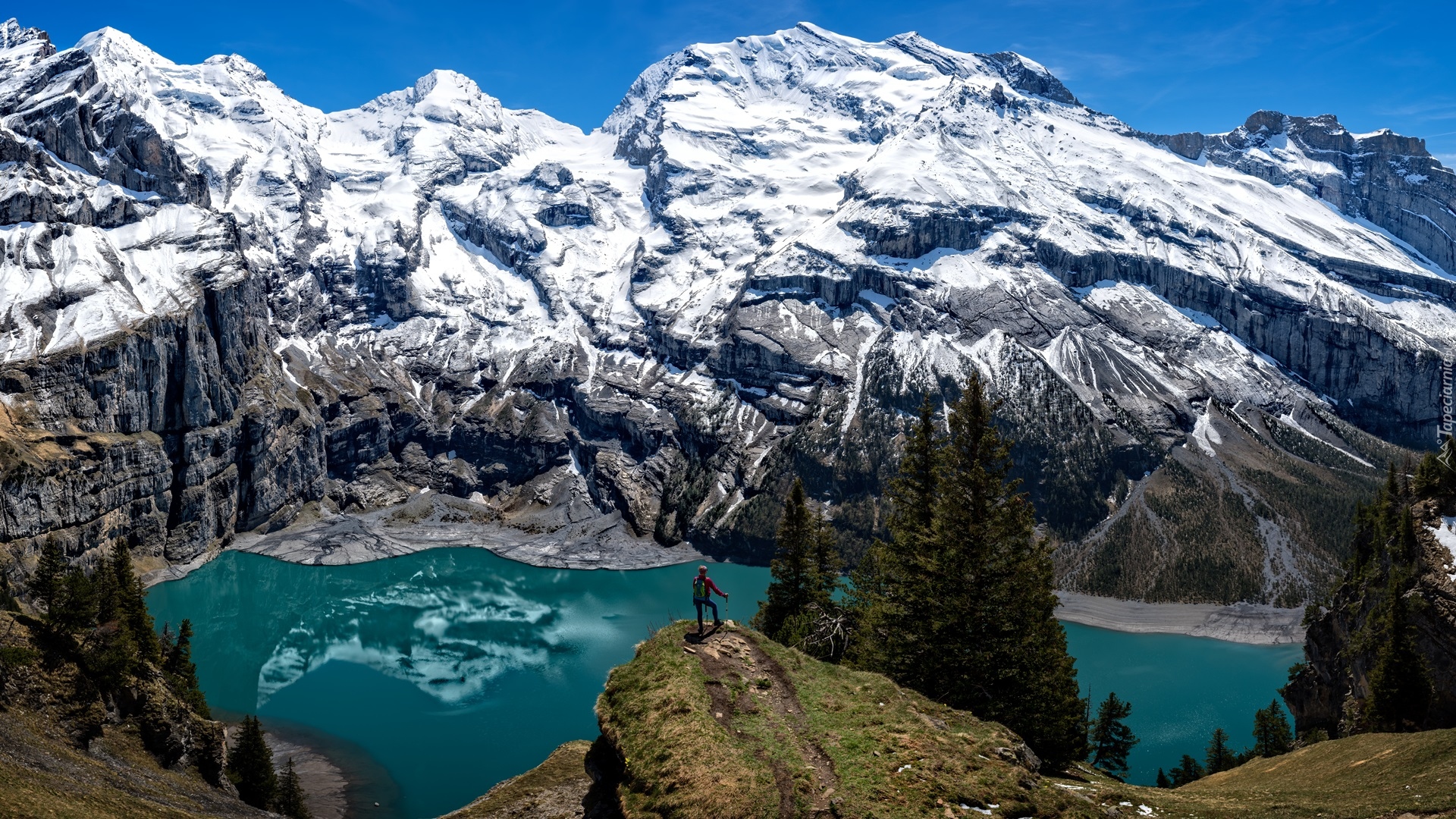 Szwajcaria, Jezioro, Lake Oeschinen, Góry, Alpy Berneńskie, Drzewa, Ośnieżone, Szczyty