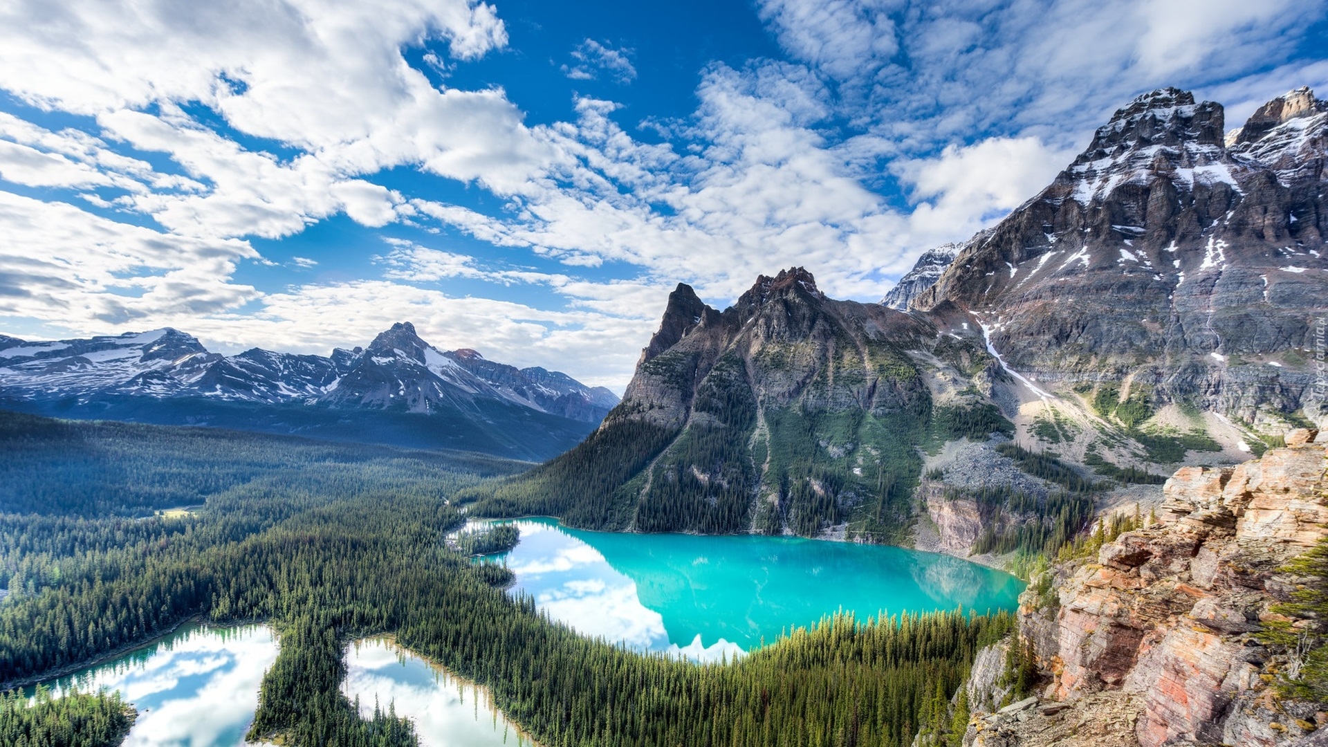 Kanada, Kolumbia Brytyjska, Park Narodowy Yoho, Jezioro Lake OHara, Góry, Lasy, Chmury