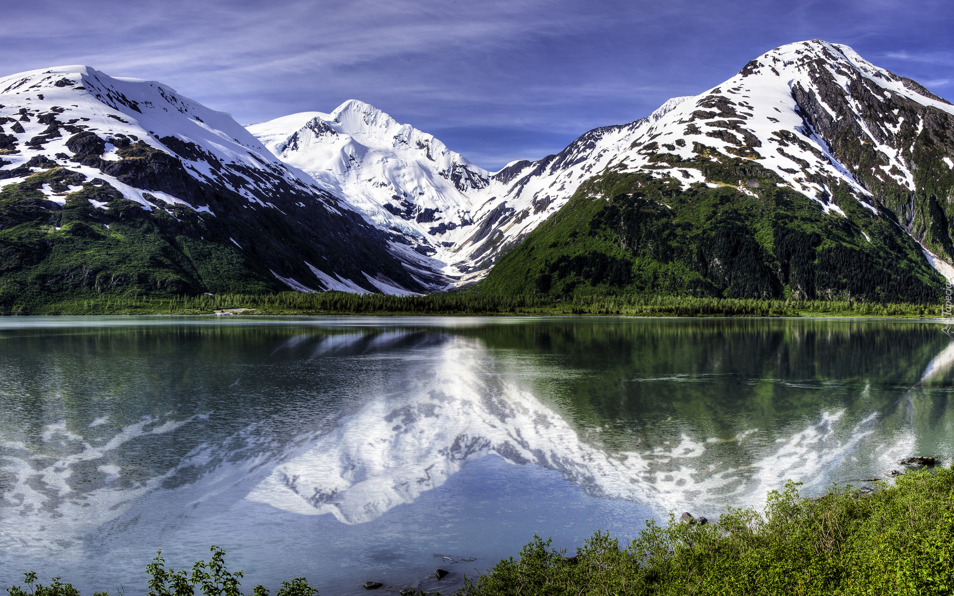 Stany Zjednoczone, Alaska, Góry, Chugach Mountains, Jezioro, Lake Portage, Odbicie