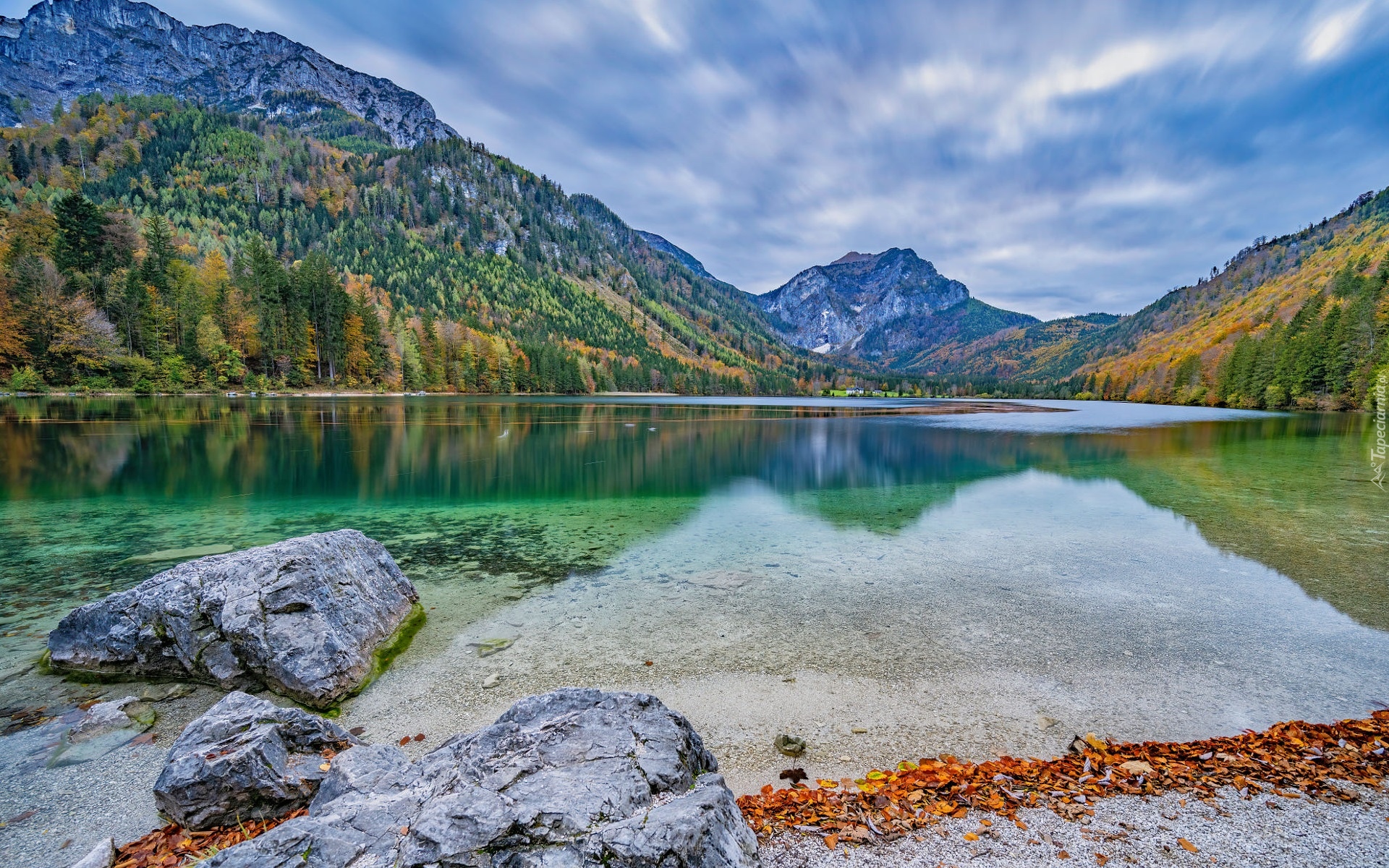 Austria, Góry, Jezioro Langbathseen, Kamienie, Liście, Las, Drzewa, Jesień