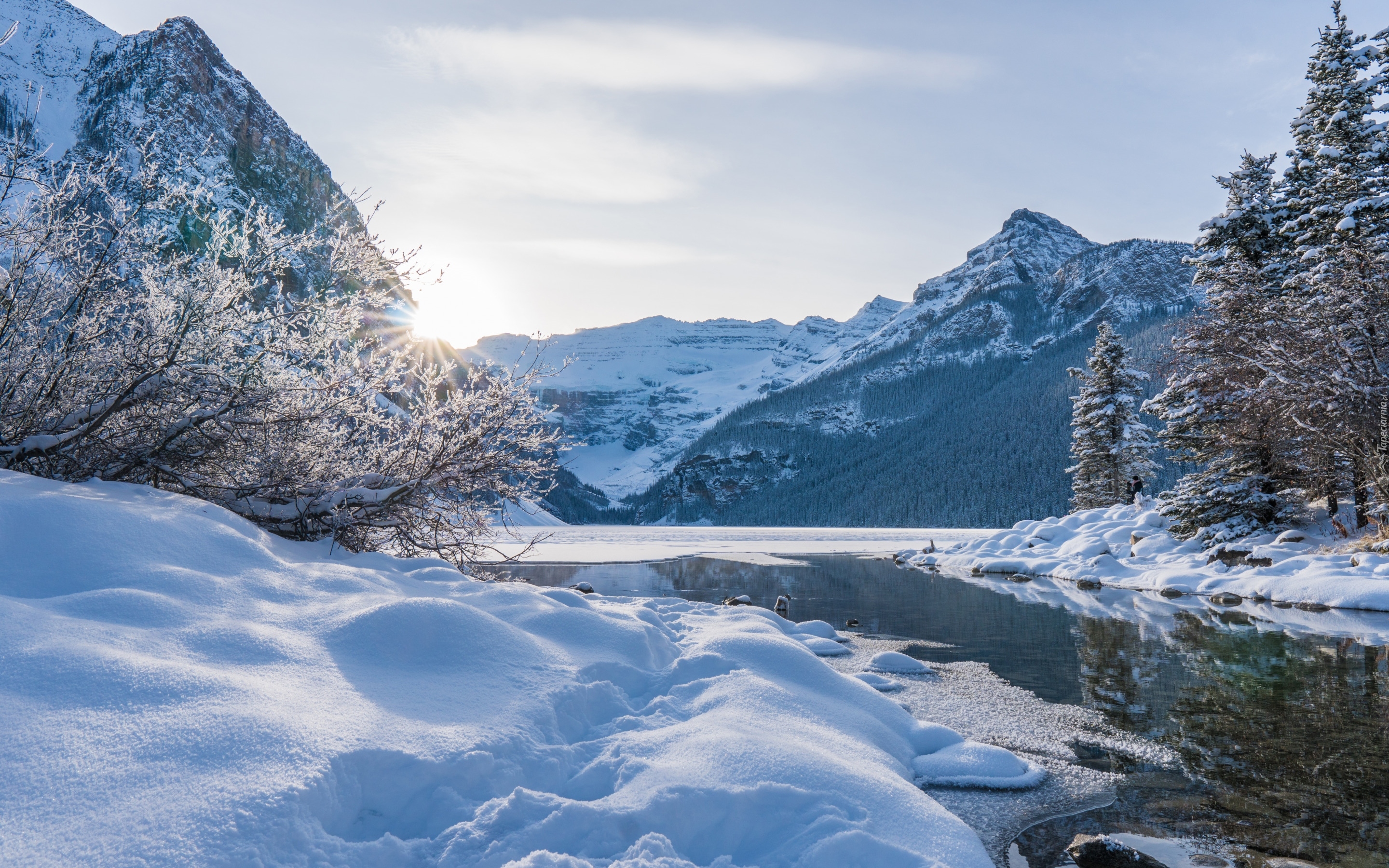 Kanada, Alberta, Park Narodowy Banff, Góry Skaliste, Jezioro, Louise Lake, Promienie słońca, Drzewa, Zima