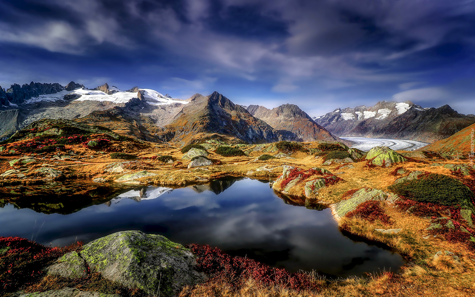 Szwajcaria, Góry, Alpy Berneńskie, Lodowiec, Aletschgletscher, Jezioro Marjelensee, Niebo, Chmury