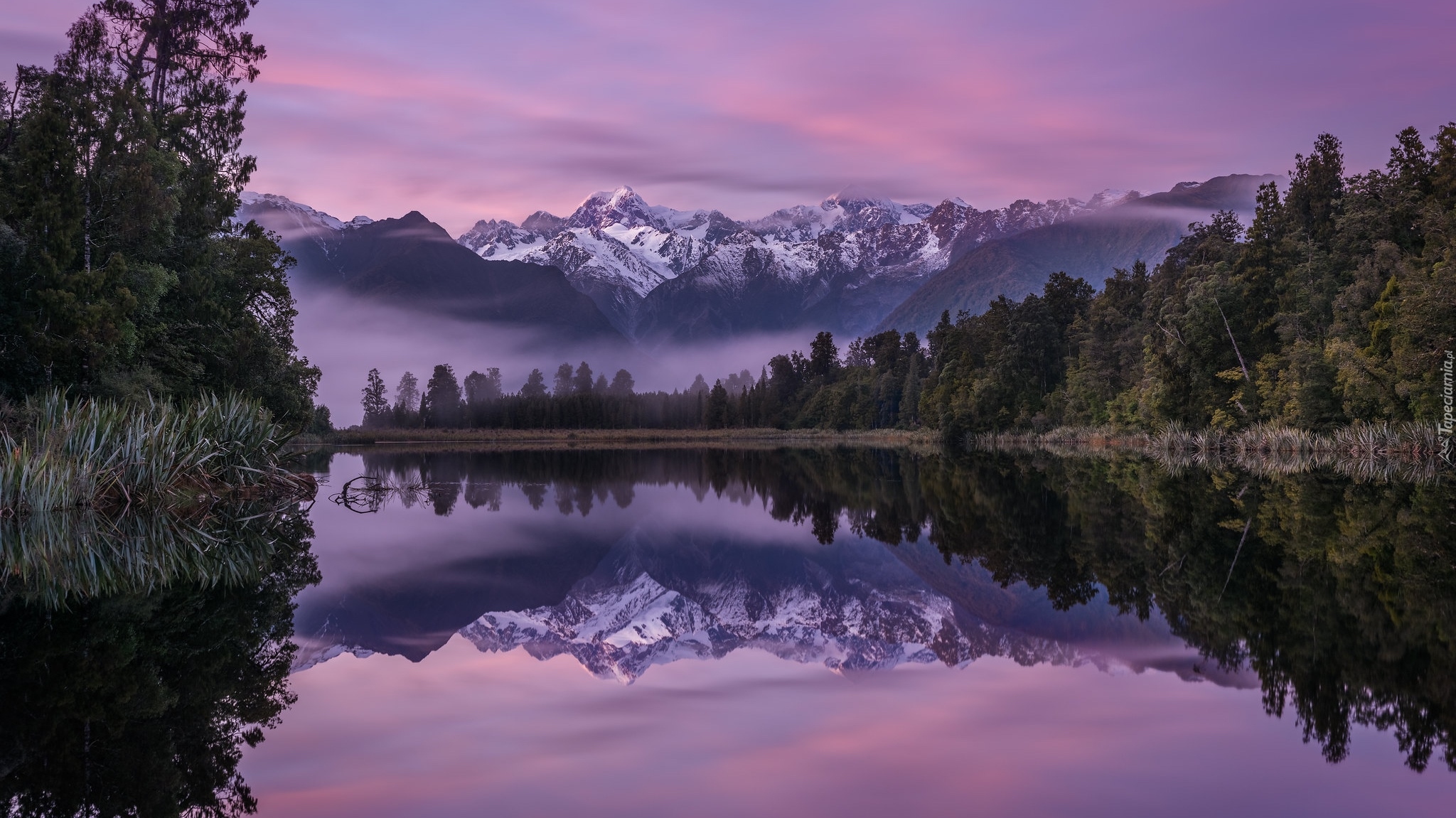 Park Narodowy Góry Cooka, Góry, Odbicie, Drzewa, Mgła, Jezioro Matheson, Góra Cooka, Nowa Zelandia