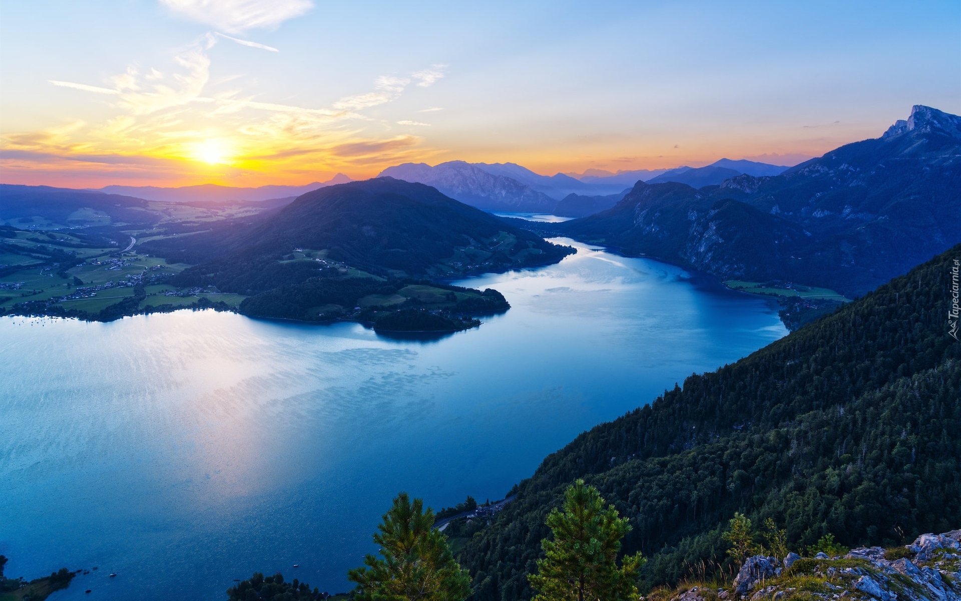 Austria, Góry, Alpy, Jezioro Mondsee, Wschód słońca