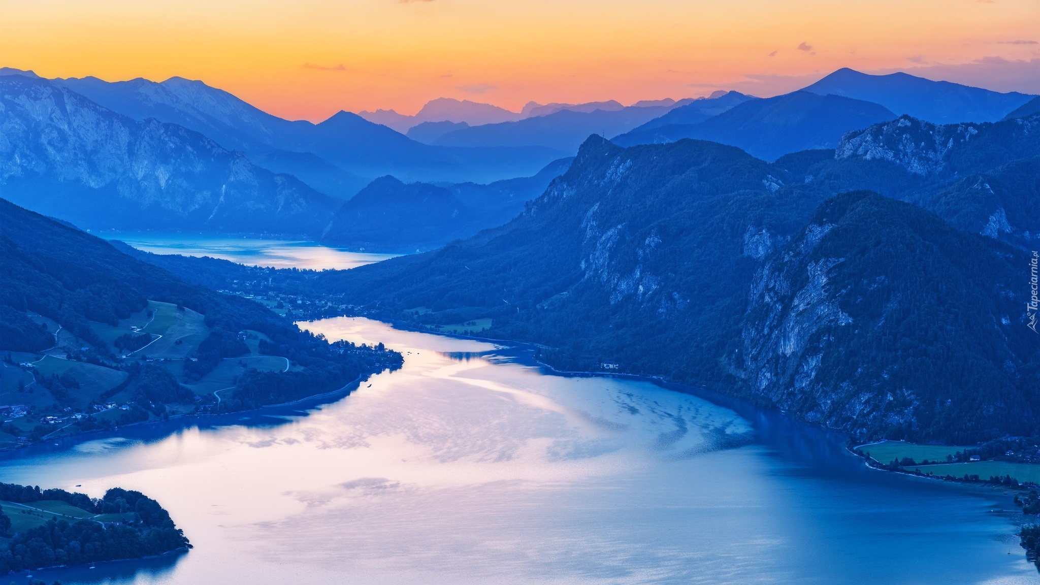 Góry Salzkammergut Berge, Jezioro Mondsee, Żółte, Niebo, Austria