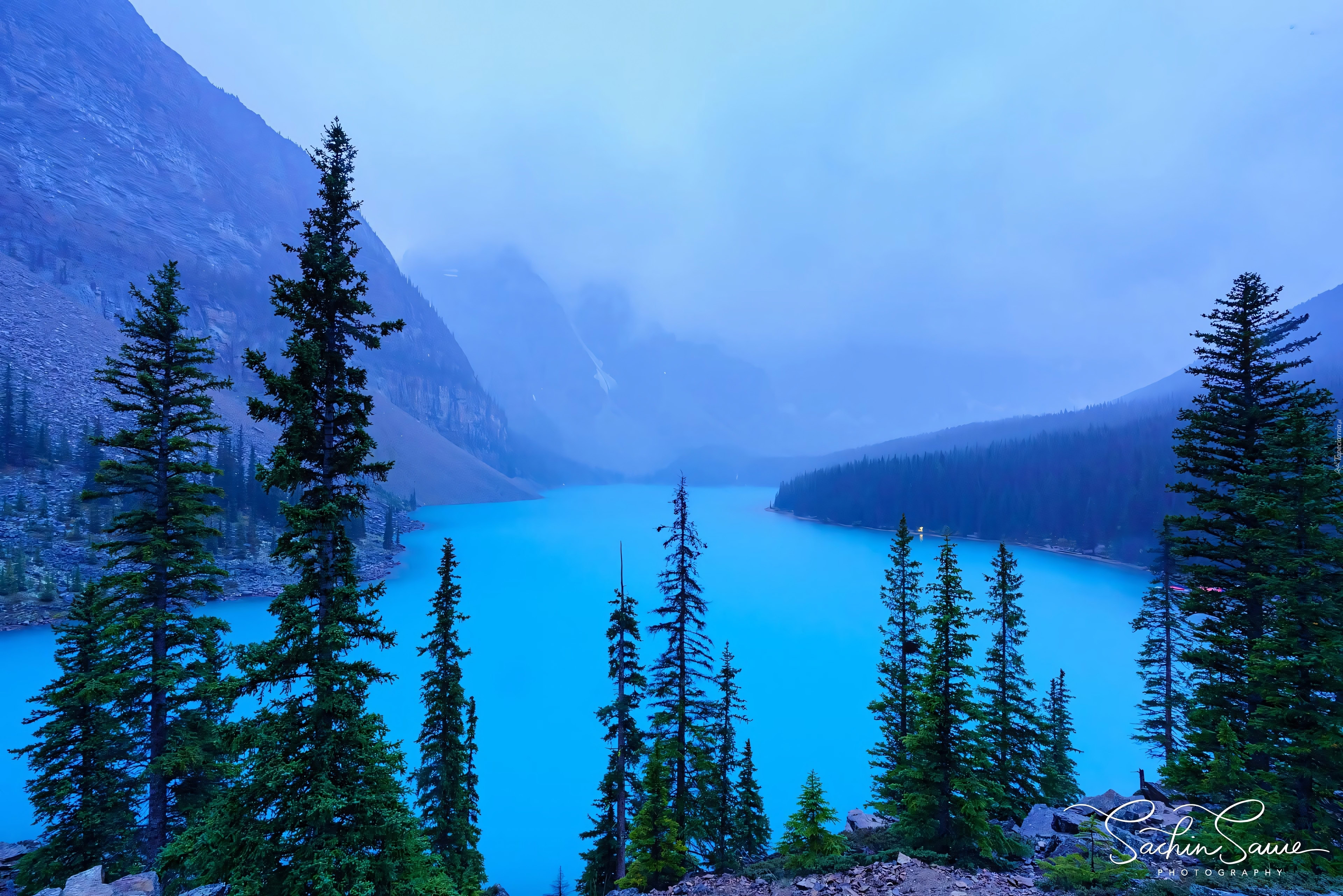 Jezioro Moraine, Park Narodowy Banff, Góry Skaliste, Świerki, Mgła, Kanada