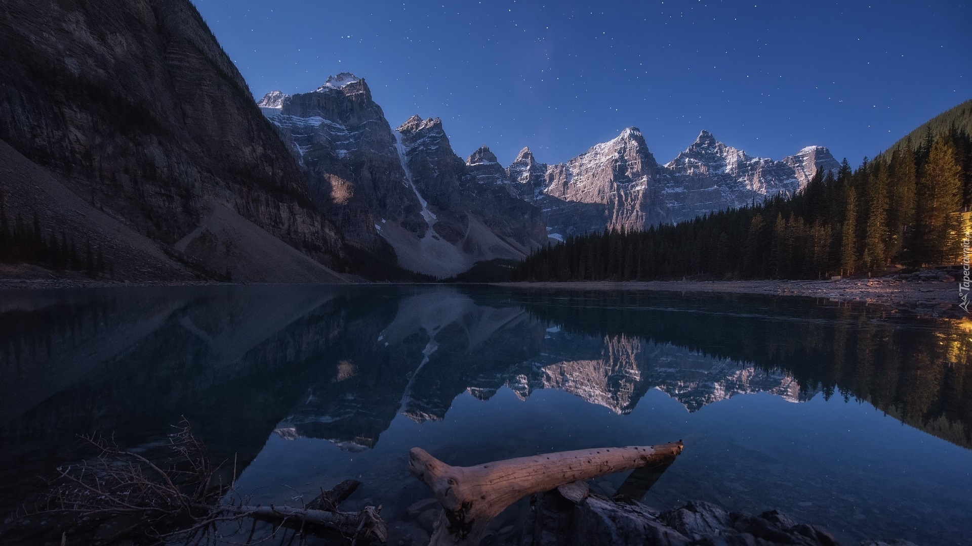 Góry, Jezioro, Moraine Lake, Konar, Drzewa, Odbicie, Park Narodowy Banff, Alberta, Kanada