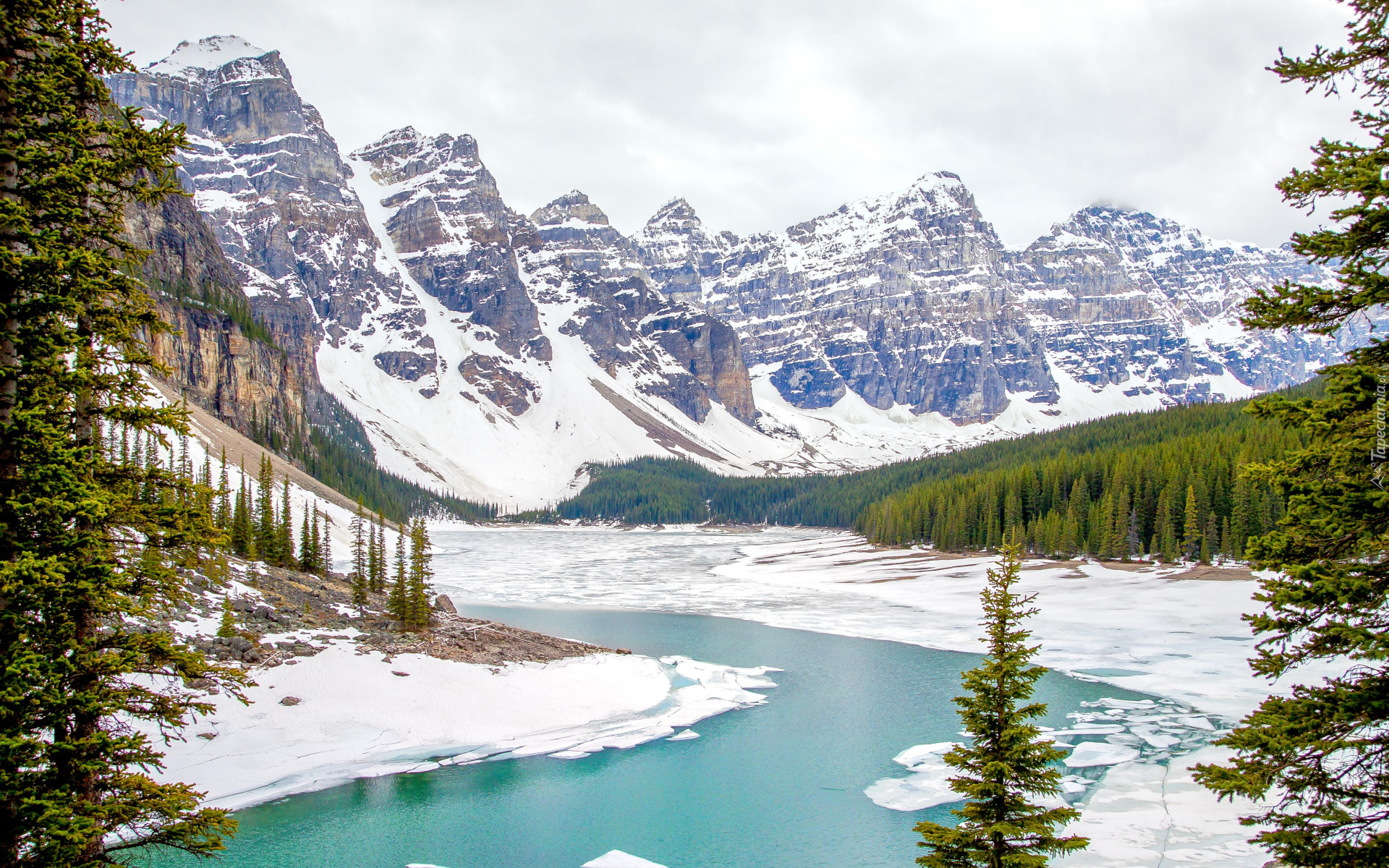 Park Narodowy Banff, Zima, Jezioro, Moraine Lake, Góry Skaliste, Drzewa, Śnieg, Alberta, Kanada
