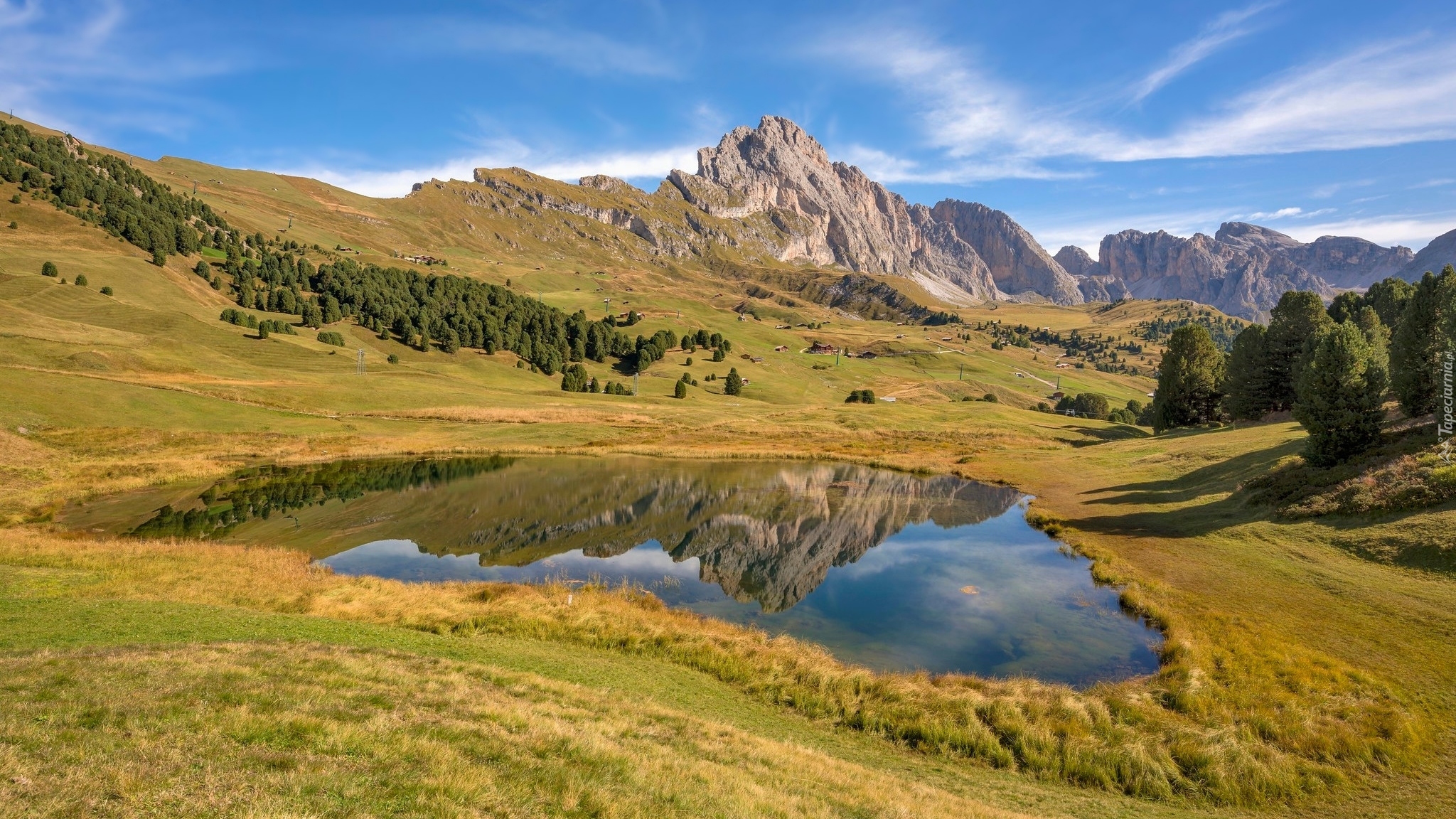 Góry, Dolomity, Jezioro Lech Sant, Drzewa, Łąka, Gmina Santa Cristina Val Gardena, Włochy