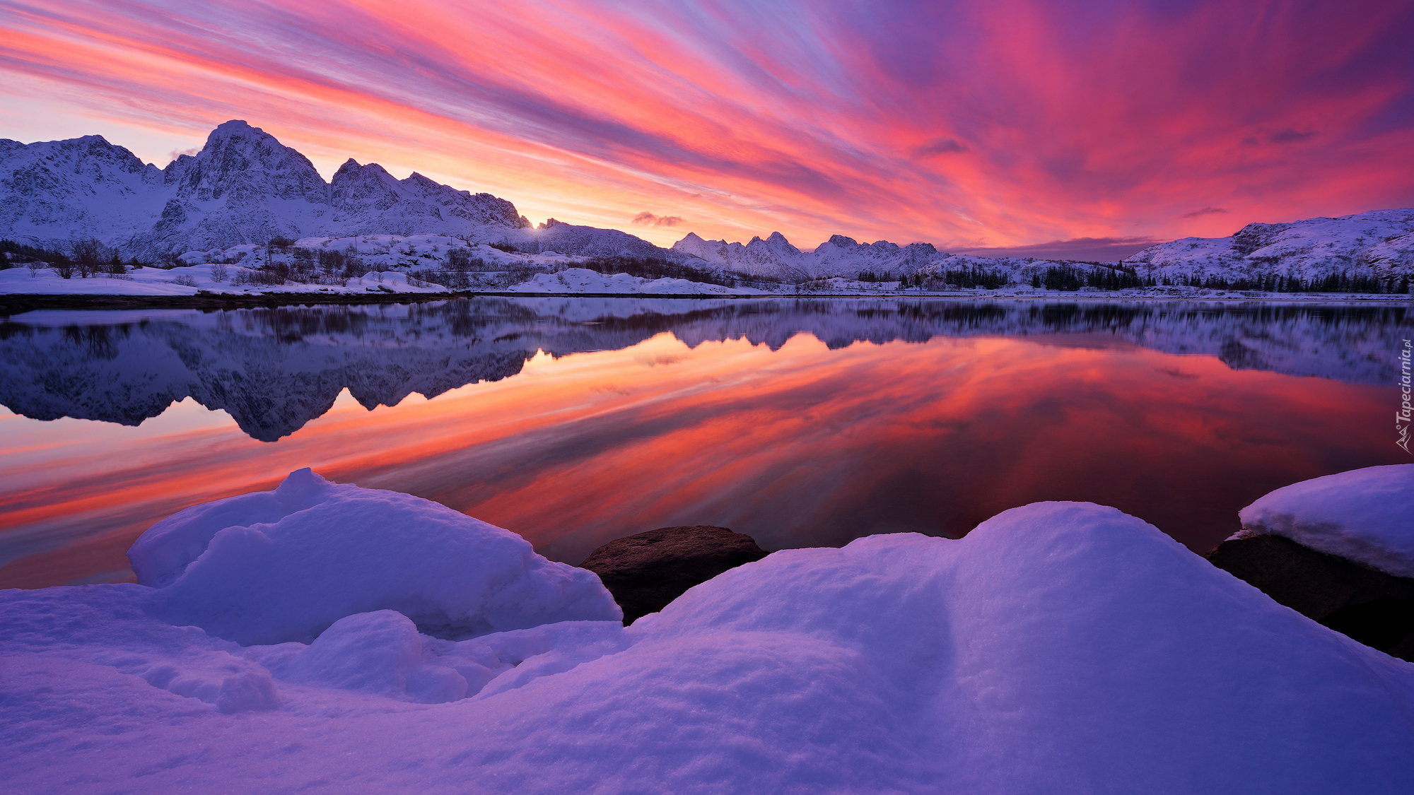 Zachód słońca, Góry, Jezioro, Zima, Lofoty, Harstad, Region Troms, Norwegia