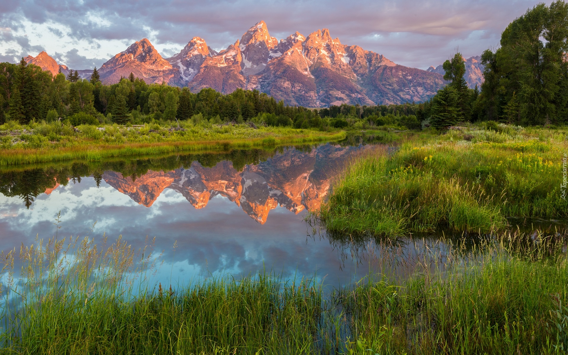 Stany Zjednoczone, Stan Wyoming, Park Narodowy Grand Teton, Pasmo górskie Teton, Jezioro, Drzewa, Odbicie