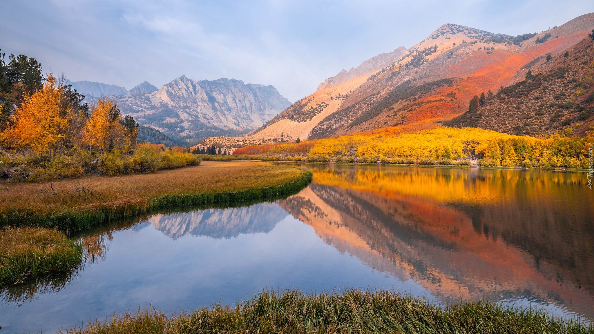 Jesień, Region, Eastern Sierra, Góry, Drzewa, Jezioro, North Lake, Kalifornia, Stany Zjednoczone