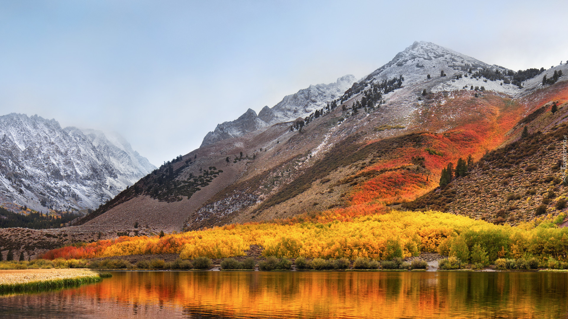 Jesień, Eastern Sierra, Góry, Drzewa, Chmury, Jezioro, North Lake, Kalifornia, Stany Zjednoczone