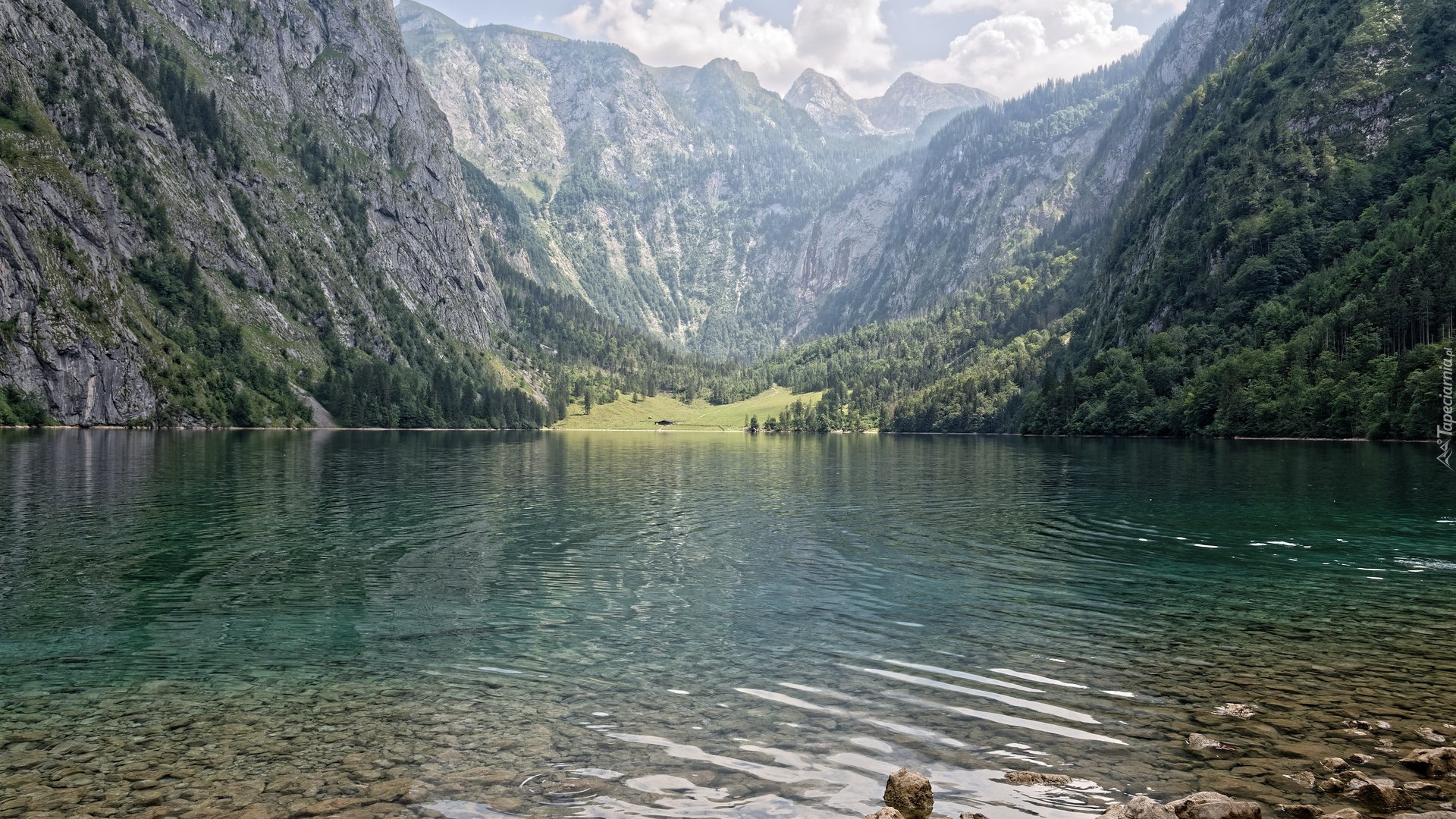 Jezioro Obersee, Góry Alpy, Lasy, Park Narodowy Berchtesgaden, Bawaria, Niemcy