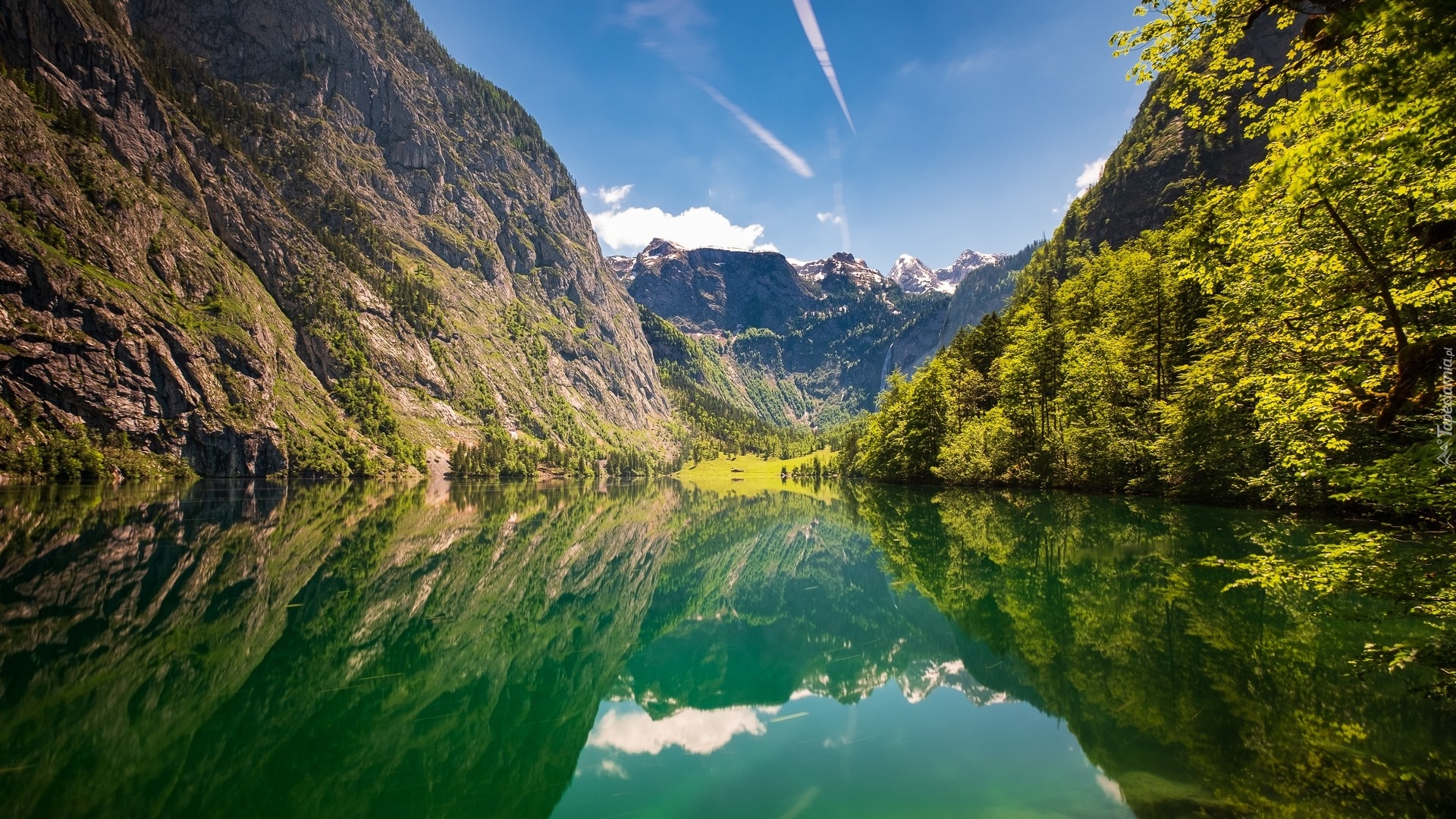Góry, Jezioro Obersee, Drzewa, Odbicie, Park Narodowy Berchtesgaden, Bawaria, Niemcy