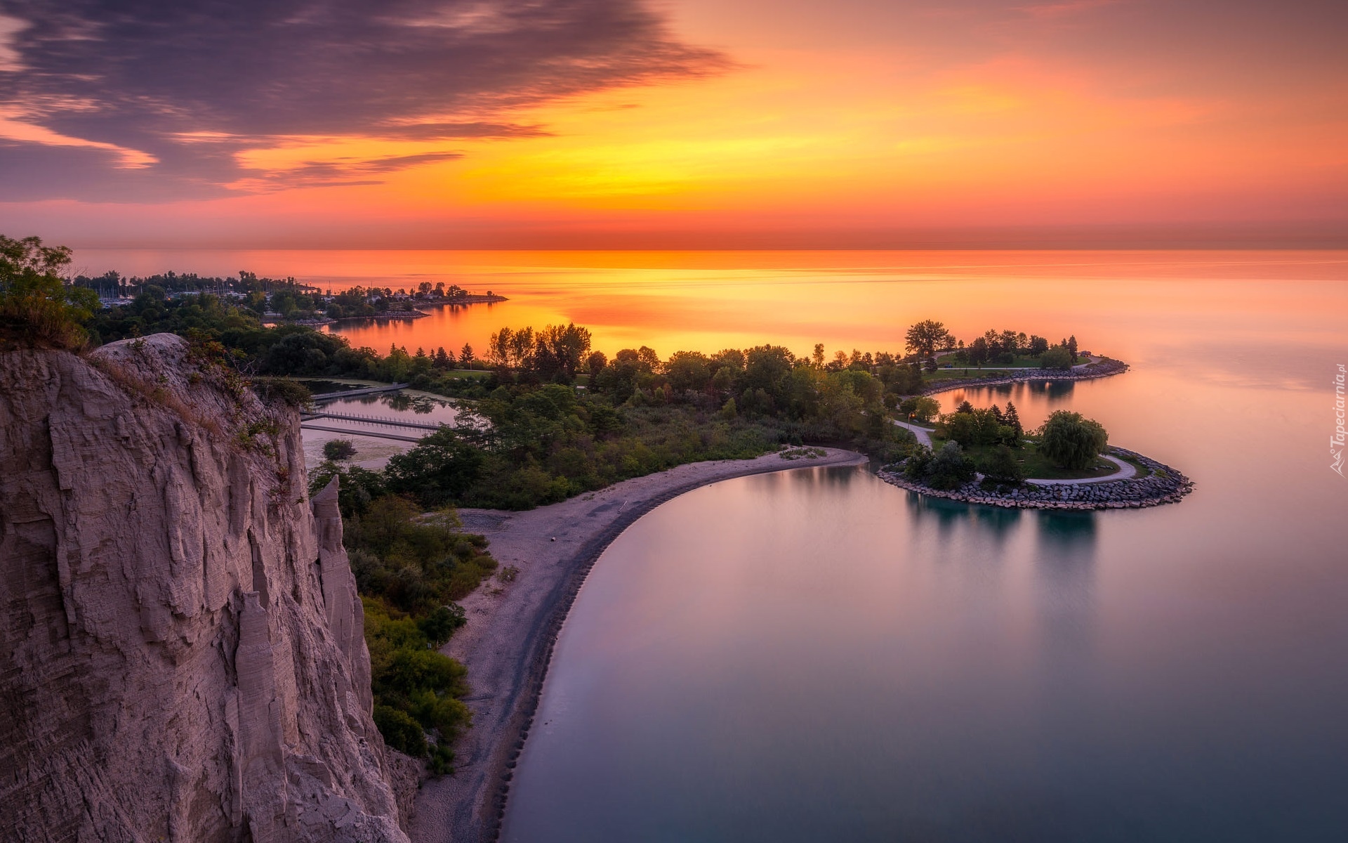 Jezioro Ontario, Cathedral Bluffs Park, Skały, Drzewa, Zachód słońca, Toronto, Kanada