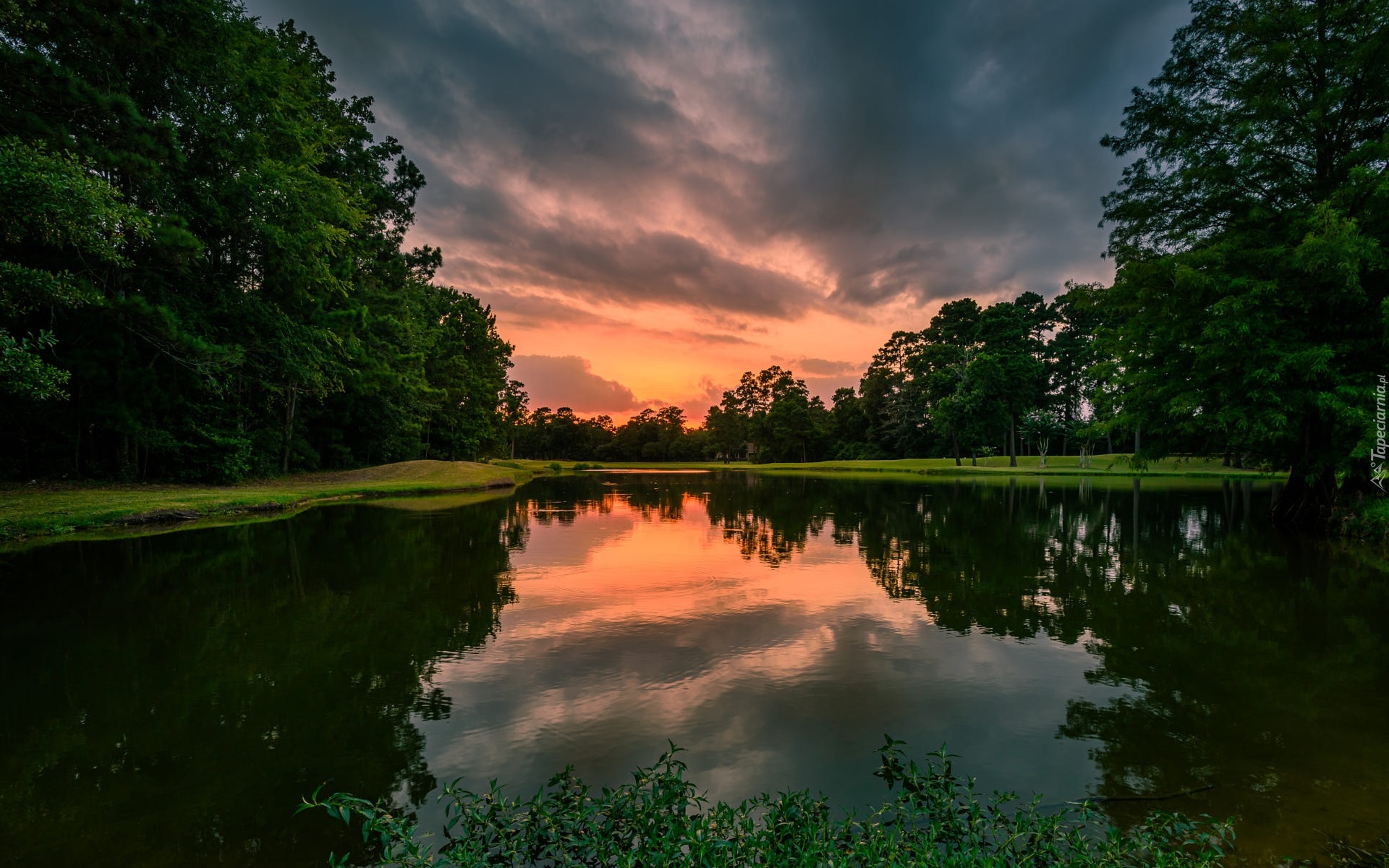 Park, Jezioro, Palmer Pond, Drzewa, Zachód słońca, Chmury, Odbicie, Stan Nowy Jork, Stany Zjednoczone