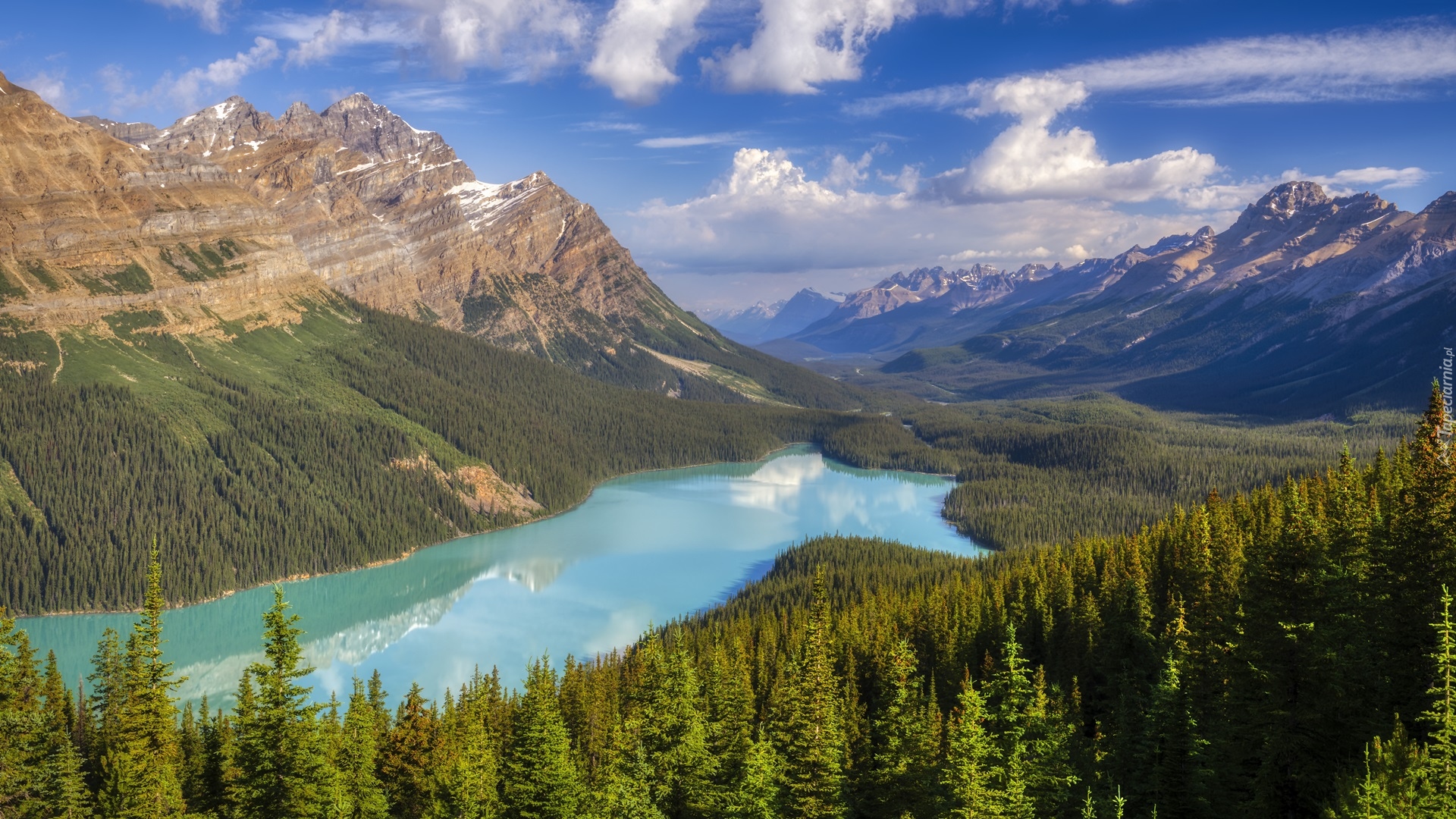 Park Narodowy Banff, Jezioro, Peyto Lake, Chmury, Drzewa, Lasy, Skały, Góry, Prowincja Alberta, Kanada