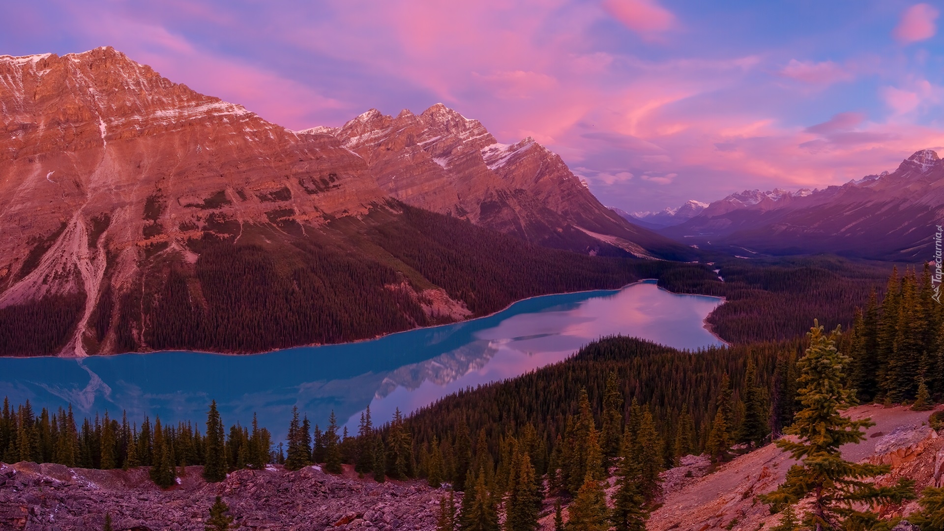 Park Narodowy Banff, Jezioro Peyto Lake, Skały, Drzewa, Góry, Chmury, Alberta, Kanada