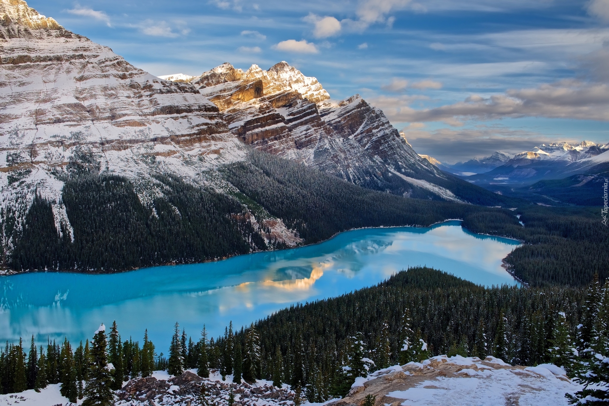 Kanada, Park Narodowy Banff, Góry Canadian Rockies, Jezioro Peyto Lake, Lasy, Zima