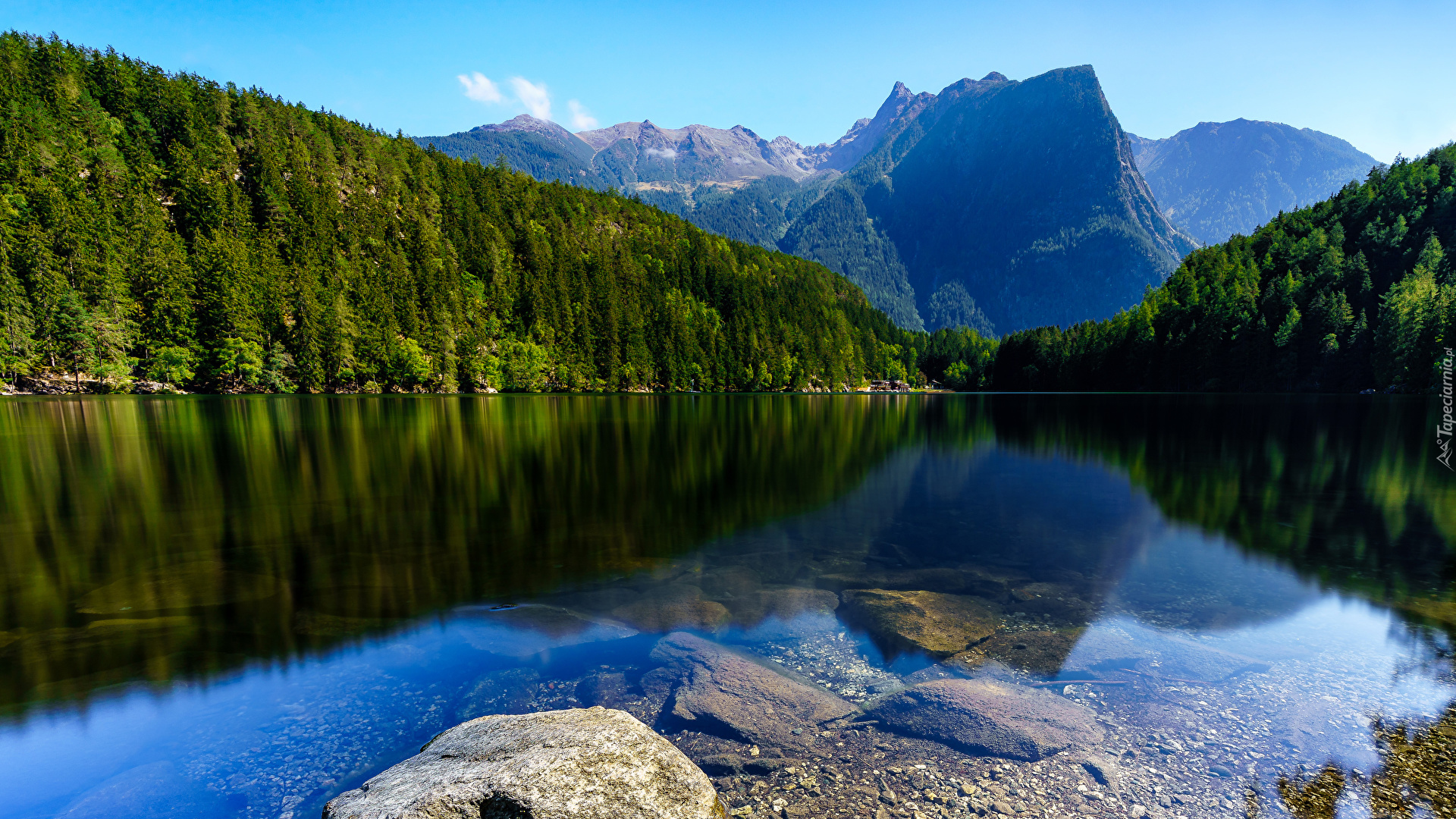 Jezioro Piburger, Kamienie, Góry Alpy, Lasy, Gmina Oetz, Tyrol, Austria