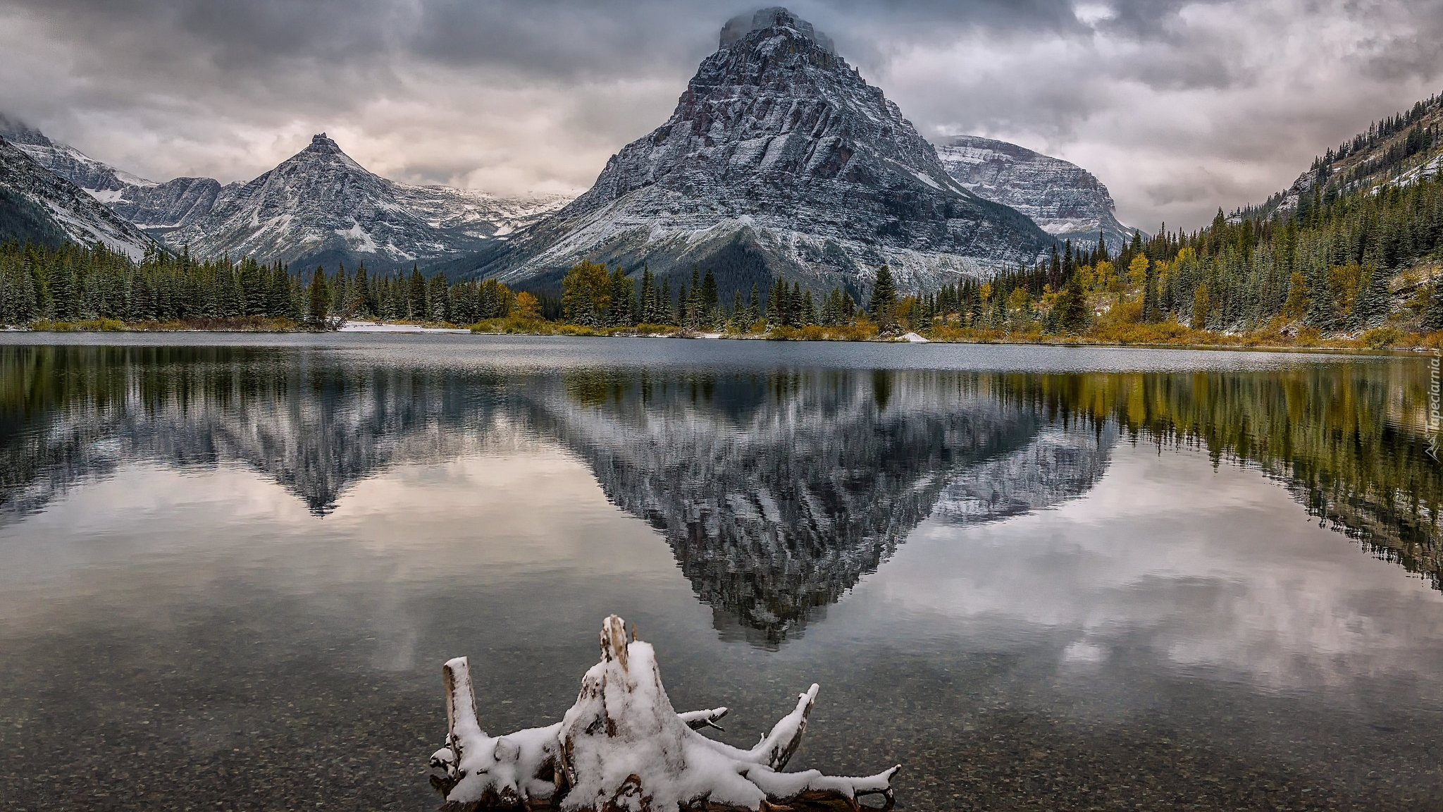 Jezioro, Pray Lake, Góry, Góra, Sinopah Mountain, Drzewa, Park Narodowy Glacier, Montana, Stany Zjednoczone