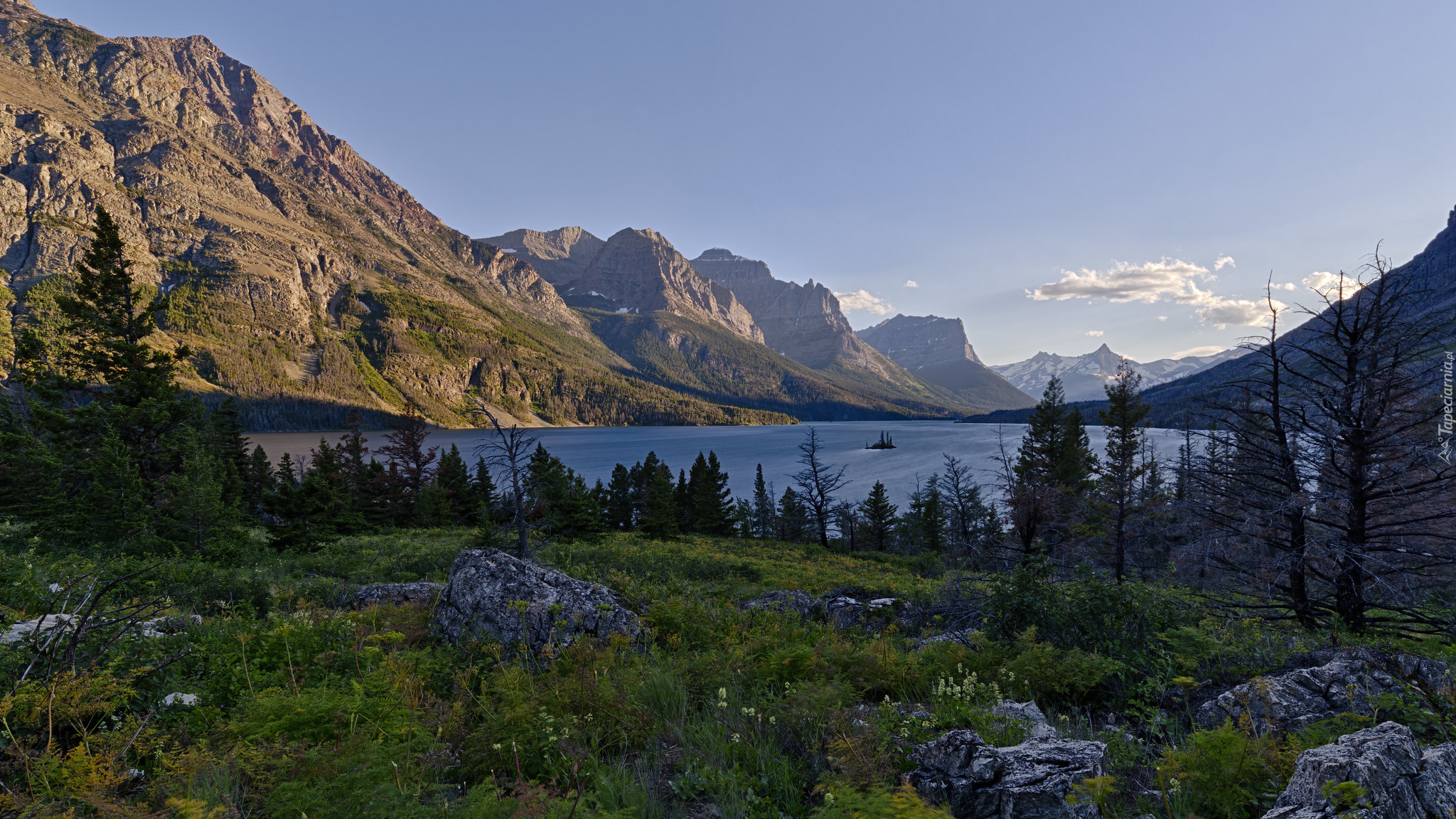 Góry Skaliste, Jezioro, Saint Mary Lake, Skały, Drzewa, Park Narodowy Glacier, Stan Montana, Stany Zjednoczone