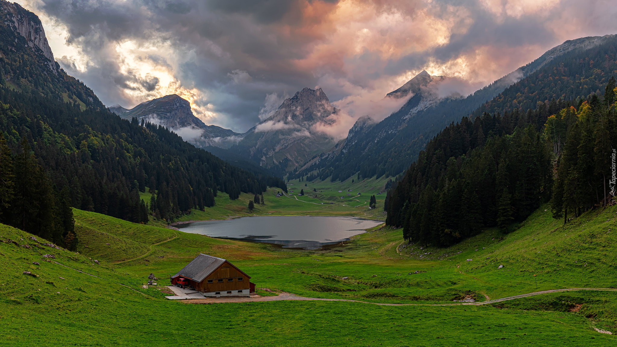 Jezioro Samtisersee, Dom, Góry Alpy, Masyw Alpstein, Lasy, Kanton Sankt Gallen, Szwajcaria