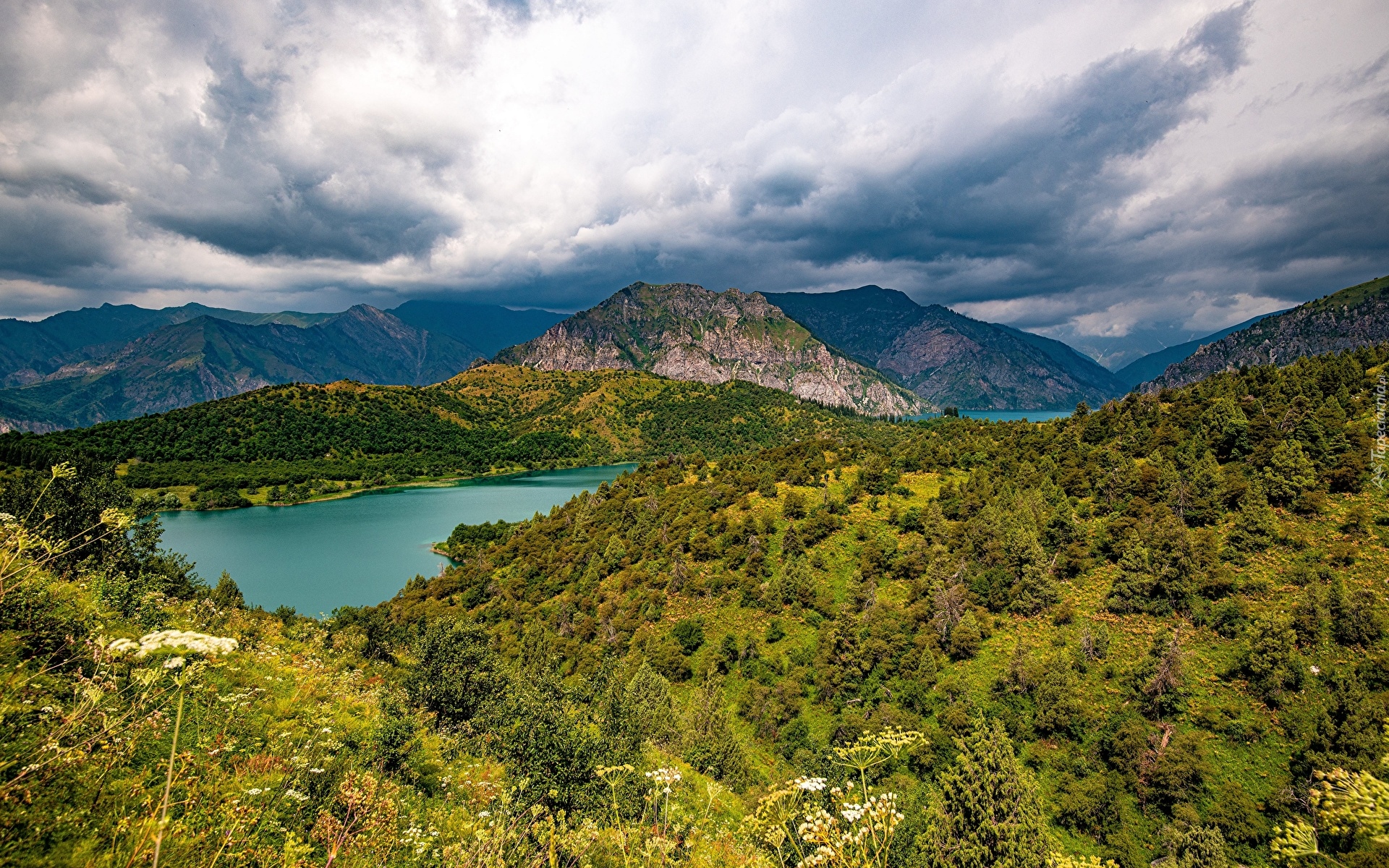 Góry, Jezioro, Sary Chelek Lake, Chmury, Lasy, Drzewa, Prowincja Jalal Abad, Park Narodowy Ala Archa, Kirgistan