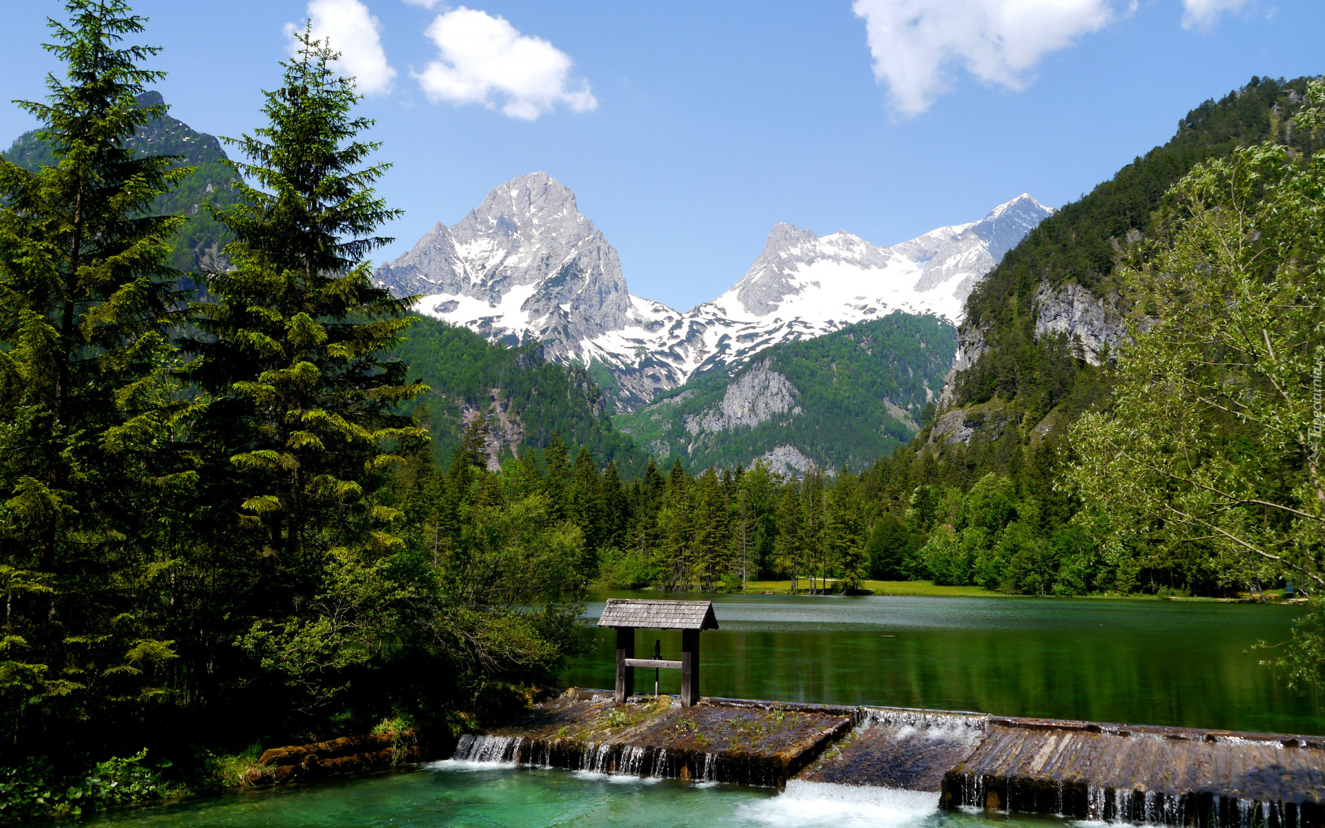 Góry, Alpy, Las, Drzewa, Jesioro Schiederweiher, Hinterstoder, Austria