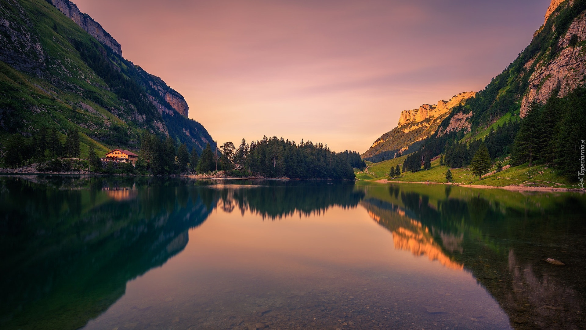 Szwajcaria, Góry, Alpy, Jezioro Seealpsee, Skały, Odbicie, Drzewa