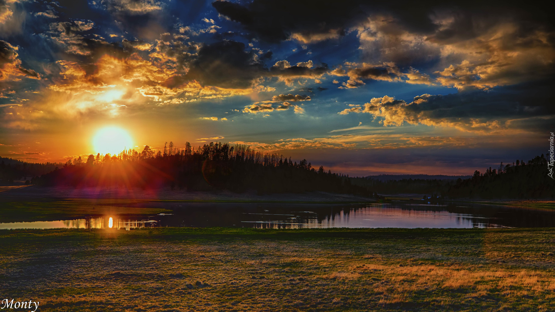 Jezioro, Lake Sierra Blanca, Zachód słońca, Drzewa, Chmury, Stan Arizona, Stany Zjednoczone