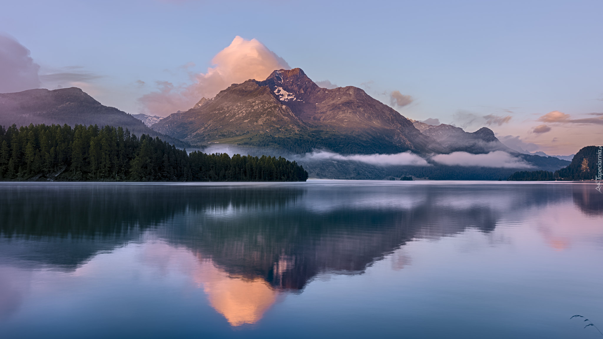 Góry, Góra, Piz da la Margna, Jezioro Silsersee, Drzewa, Mgła, Odbicie, Szwajcaria