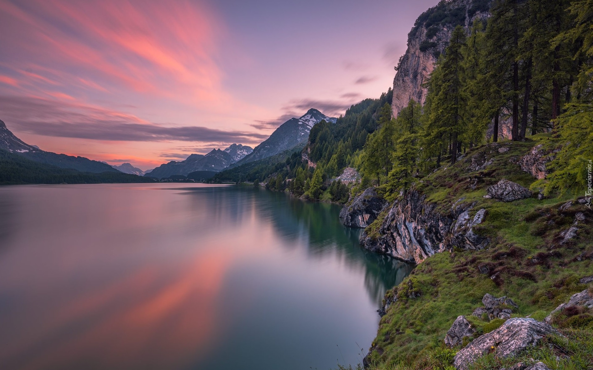 Szwajcaria, Dolina Engadyna, Góry, Jezioro Silsersee, Las, Drzewa, Zachód słońca