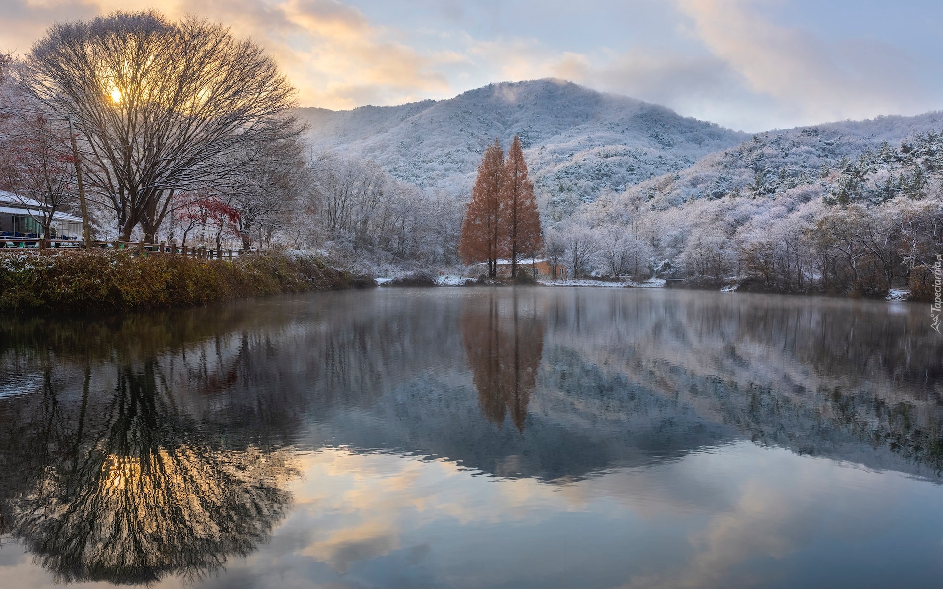 Góry, Jezioro, Songgokji, Zima, Drzewa, Odbicie, Gongju, Korea Południowa