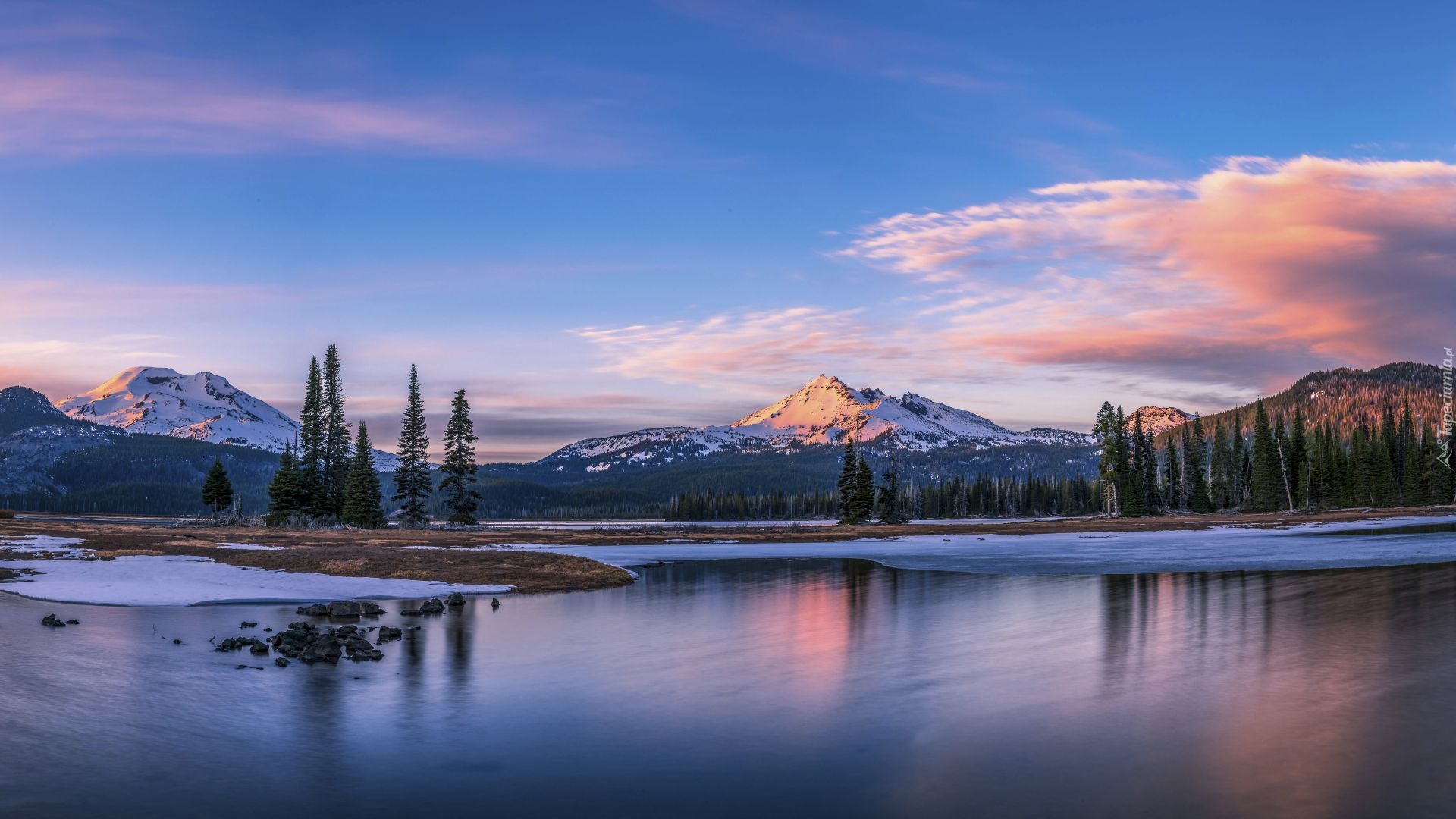 Jezioro, Sparks Lake, Drzewa, Góry Kaskadowe, Stan Oregon, Stany Zjednoczone