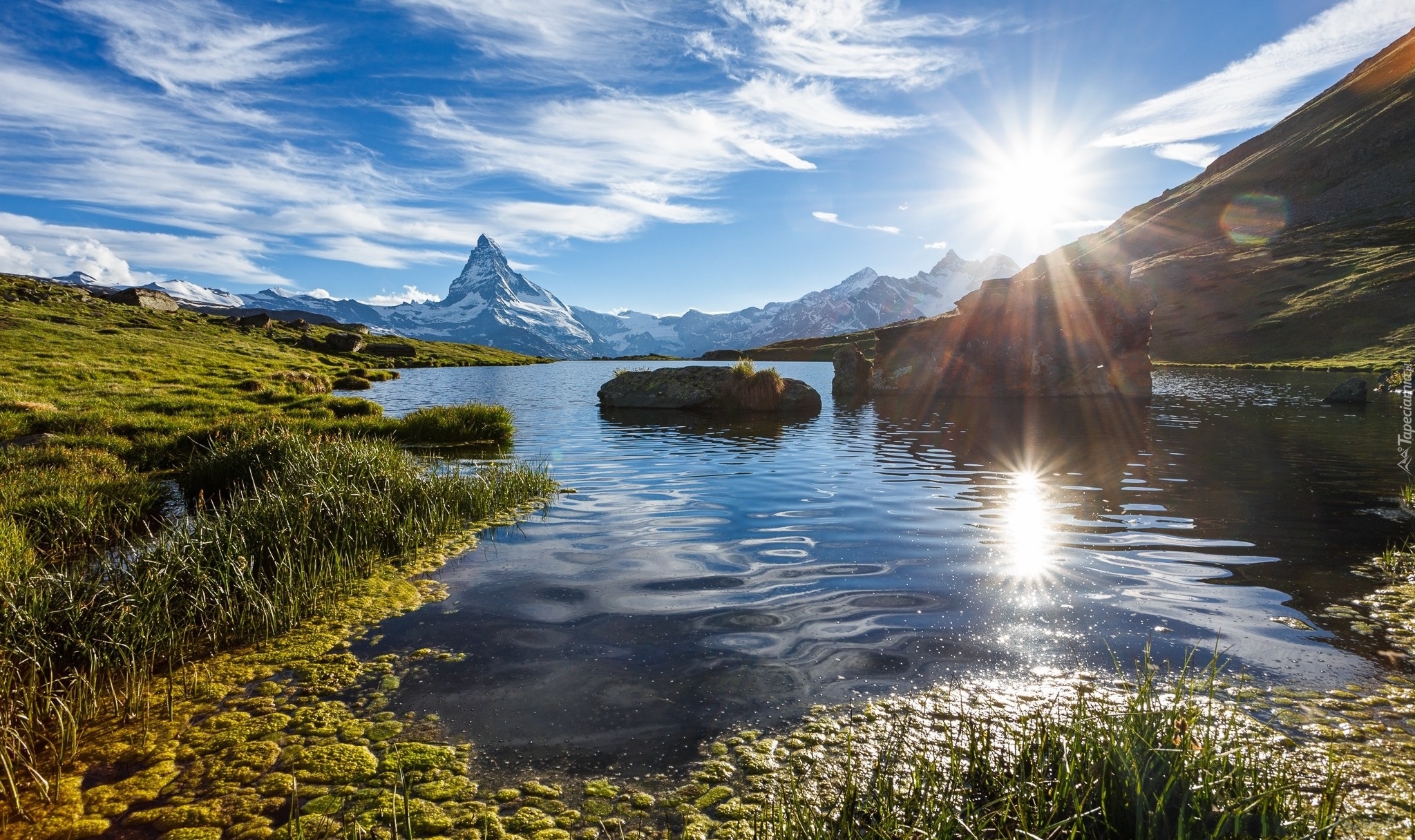 Góry Alpy, Szczyt Matterhorn, Jezioro Stellise, Szwajcaria, Kamienie, Promienie słońca