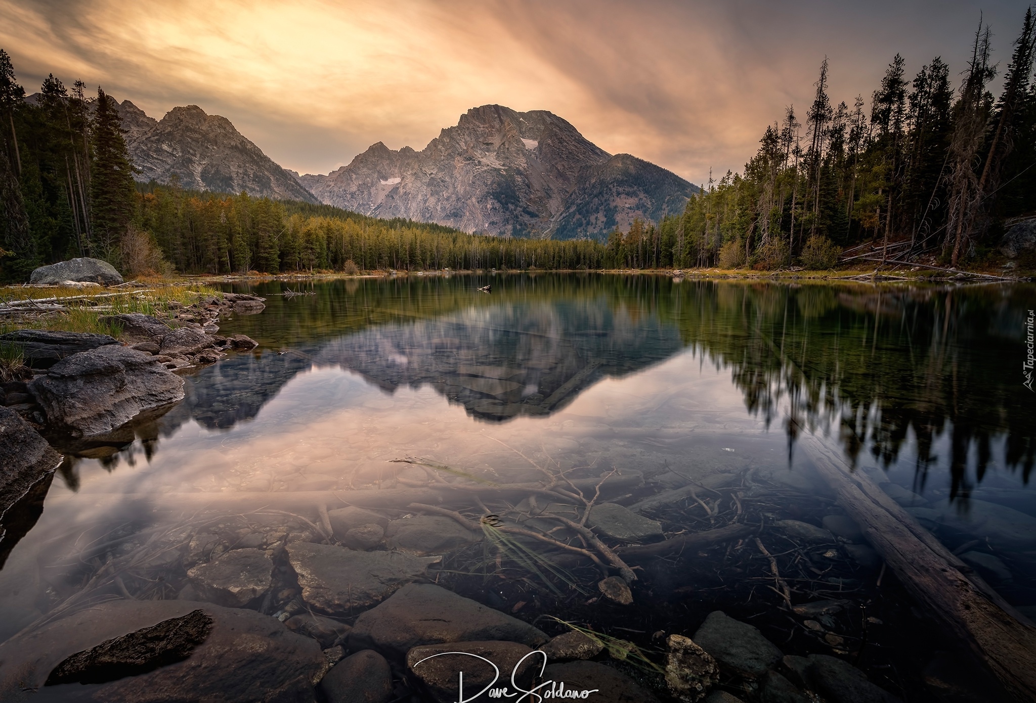 Góry, Szczyt Mount Moran, Las, Jezioro String Lake, Park Narodowy Grand Teton, Stan Wyoming, Stany Zjednoczone