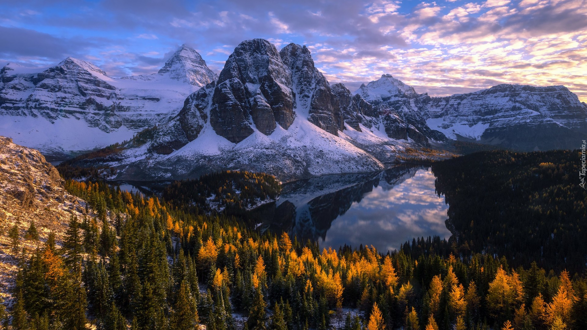 Park Prowincjonalny Mount Assiniboine, Ośnieżone, Góry, Góra Mount Assiniboine, Jezioro Sunburst Lake, Drzewa, Kolumbia Brytyjska, Kanada